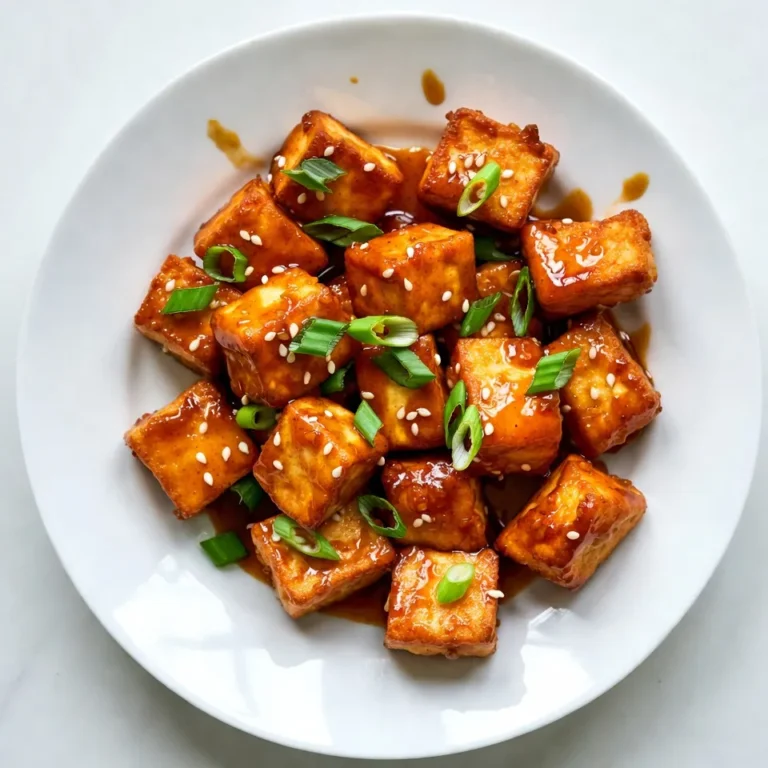 - 1 block (14 oz) firm tofu - 1/4 cup honey - 2 tablespoons soy sauce - 1 tablespoon sriracha - 2 tablespoons vegetable oil - 3 cloves garlic, finely minced - 1/2 teaspoon ground ginger - 1 tablespoon rice vinegar - 2 green onions, thinly sliced - Sesame seeds For this recipe, I choose firm tofu because it holds its shape well. You'll need to drain and press the tofu before cutting it into cubes. Honey gives a sweet taste that balances the heat from sriracha. Soy sauce adds umami, while garlic and ginger boost the flavor. I like to use vegetable oil for frying. It helps the tofu get crispy. Rice vinegar adds a nice tang to the sauce. Green onions and sesame seeds are great for garnish. They add color and crunch to the dish. When you gather these ingredients, make sure they are fresh. Fresh garlic and ginger bring out the best taste in the sauce. This dish is not only tasty but also a fun way to enjoy tofu. So, gather your ingredients and get ready for some cooking! {{ingredient_image_2}} First, you need to preheat your oven to 400°F (200°C). This ensures that your tofu bites will cook evenly and get nice and crispy. While the oven heats up, prepare your baking sheet. Line it with parchment paper to prevent the tofu from sticking. This step is key for easy cleanup. Next, take your block of firm tofu. Carefully cut it into bite-sized cubes. Aim for pieces that are about one inch wide. Place these cubes in a mixing bowl. Now, add 3 tablespoons of cornstarch. Toss the cubes gently to coat them well. This coating helps to create a crispy texture when cooked. For the next step, heat 2 tablespoons of vegetable oil in a large skillet over medium-high heat. Once the oil is hot, add the tofu cubes in batches. Avoid overcrowding the pan. Cook the tofu for about 8 to 10 minutes. Turn them occasionally to get all sides golden brown. After frying, use a slotted spoon to move the tofu to your prepared baking sheet. Now it's time to make the sauce. In a small saucepan, mix together 1/4 cup of honey, 3 minced garlic cloves, 2 tablespoons of soy sauce, 1 tablespoon of sriracha, 1 tablespoon of rice vinegar, 1/2 teaspoon of ground ginger, and 1/4 teaspoon of freshly cracked black pepper. Heat the mixture over medium heat. Stir it continuously for 3 to 5 minutes. You want it to thicken to a syrupy consistency. Once your sauce is ready, pour it over the crispy tofu bites on the baking sheet. Toss gently to coat each piece in the sweet and spicy sauce. Finally, place the baking sheet in the oven and bake for 15 to 20 minutes. Be sure to turn the tofu halfway through. This helps with even coating and caramelization. When done, the tofu should be sticky and full of flavor. To get the best texture for your Spicy Honey Garlic Tofu Bites, start by pressing your tofu. Use a tofu press or wrap the tofu in a clean towel. Place a heavy object on top to squeeze out extra water. This step is key for crispy bites. Next, coat the tofu cubes in cornstarch. After cutting the tofu, sprinkle three tablespoons of cornstarch over the cubes. Toss them gently to ensure each piece is coated. This helps create a crunchy outer layer when cooked. Adjusting spice levels can make a big difference. If you like it hotter, add more sriracha to the sauce. Start with one tablespoon and taste. You can always add more for extra heat. For sauce thickness, simmer the sauce for three to five minutes. This helps it become syrupy and coat the tofu well. If you want a thicker sauce, simmer it longer until it reaches your desired consistency. These tofu bites pair well with a variety of sides. Try serving them with steamed rice or a fresh salad. Both options bring out the sweet and spicy flavors. For presentation, use a stylish bowl or platter. Drizzle any extra sauce over the tofu bites. Add toothpicks for easy serving. Finally, don’t forget to garnish with green onions and sesame seeds for a pop of color and crunch! Pro Tips Pressing the Tofu: Ensure you press the tofu for at least 30 minutes to remove excess moisture. This helps achieve a crispy texture when cooking. Customize the Spice Level: Adjust the amount of sriracha in the sauce to suit your taste. You can start with less and add more if you prefer extra heat. Use Fresh Ingredients: For the best flavor, use fresh garlic and ginger. They add a depth of flavor that dried spices can't replicate. Serve with a Side: Pair the tofu bites with a side of steamed vegetables or rice to create a complete meal that complements the bold flavors. {{image_4}} You can change the flavor of your Spicy Honey Garlic Tofu Bites by adding more spices. Try cayenne pepper or paprika for extra kick. You can also mix in some cumin for a warm touch. If you want to experiment, add a pinch of cinnamon for a sweet twist. Using different sweeteners is another fun way to switch things up. Maple syrup works well if you prefer a vegan option. Agave nectar is another great choice that brings a nice flavor. Brown sugar can also add depth, giving your bites a unique taste. If you want non-honey options, consider using agave syrup or maple syrup. Both work well and keep the sweetness. You can also try date syrup for a rich flavor. These choices make your dish vegan-friendly. For alternative sauces, consider teriyaki or hoisin sauce. These can add a different taste while keeping it sweet and savory. You can also try a peanut sauce for a creamy texture and nutty flavor. You can serve these tofu bites as an appetizer or a main dish. They make great finger food at parties. Just place them on a platter with toothpicks for easy eating. If you want a heartier meal, pair them with rice or noodles. For a fun twist, try presenting the tofu on skewers. This adds flair and makes for a great visual. You can even add vegetables like bell peppers or onions to the skewers. This way, you create a colorful and tasty dish to impress your guests. To keep your Spicy Honey Garlic Tofu Bites fresh, place them in an airtight container. This helps retain flavor and moisture. Store them in the fridge for up to three days. After three days, the texture may change, and they might not taste as good. To reheat, use your oven for the best results. Preheat it to 350°F (175°C). Spread the tofu bites on a baking sheet and heat for about 10-15 minutes. This method keeps them crispy. You can also use a microwave, but this may make them soft. You can freeze the cooked tofu bites if you want to save some for later. Let them cool completely before freezing. Place them in a freezer-safe bag or container. They can last for up to two months in the freezer. When you're ready to eat them, thaw them overnight in the fridge. Reheat them as mentioned before to get them crispy again. I recommend using firm tofu. Firm tofu holds its shape well when frying. You can also try extra-firm tofu for an even chewier bite. Avoid using soft or silken tofu, as it won't crisp up properly. Press the tofu to remove excess water. This step helps achieve a crunchy texture. Yes, you can! Use maple syrup or agave nectar for a vegan option. Both sweeteners work well in this recipe. They provide a similar sweetness and texture. If you want a less sweet flavor, you can use brown rice syrup. Each option offers a unique twist on the dish. You can adjust the spice level easily! Start with one tablespoon of sriracha for a mild kick. For more heat, add an extra tablespoon or two. If you love heat, consider adding red pepper flakes or chili powder. This way, you can customize the spice to your liking. These bites pair well with rice or quinoa. You can also serve them with a fresh salad for a lighter meal. Consider adding steamed vegetables for color and nutrition. For drinks, a light beer or iced tea complements the flavors nicely. Enjoy your meal with friends or family! This blog post guides you through making Spicy Honey Garlic Tofu Bites. You learned about key ingredients and how to prepare them for a perfect dish. We discussed tips to enhance flavor and texture. You can also explore variations to suit your taste. Proper storage and reheating techniques help maintain quality. As you try this recipe, focus on enjoying the cooking process. Get creative, and remember to share your tasty results!