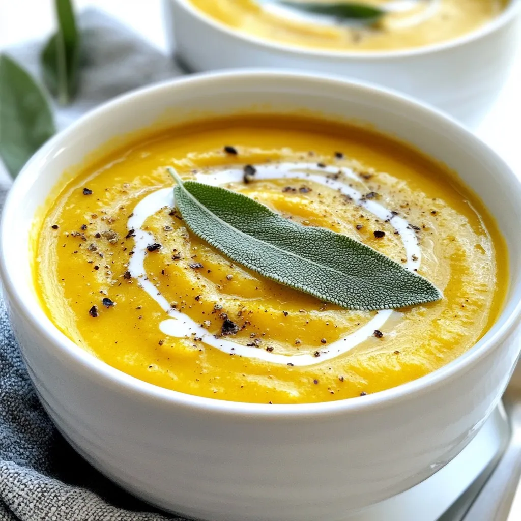 - 1 large butternut squash, peeled and diced into ½-inch cubes - 1 tablespoon extra virgin olive oil - 1 medium onion, finely chopped - 2 cloves garlic, minced - 4 cups vegetable broth (preferably low-sodium) The butternut squash is the star of this soup. Its natural sweetness shines through. Olive oil brings a rich flavor, while onion and garlic add depth. Vegetable broth keeps this dish light and healthy. - 1 teaspoon ground cumin - ½ teaspoon ground nutmeg - ½ cup coconut milk (or heavy cream for a non-vegan option) Ground cumin adds warmth, and nutmeg gives a hint of spice. Coconut milk or heavy cream adds creaminess, making the soup velvety. - Fresh sage leaves Fresh sage leaves provide a beautiful touch and a fragrant aroma. They elevate the soup's presentation and flavor. {{ingredient_image_2}} 1. Preheat the oven and prepare baking sheet: Start by preheating your oven to 425°F (220°C). Line a large baking sheet with parchment paper. This makes cleanup easy later. 2. Season and roast the squash: Peel and dice your butternut squash into ½-inch cubes. Spread them out on the baking sheet. Drizzle 1 tablespoon of extra virgin olive oil over the squash. Season it with salt and freshly ground black pepper. Toss the cubes well. Roast the squash for about 25-30 minutes. Halfway through, turn the pieces for even cooking. Look for a fork-tender texture and a nice caramelization. 1. Cooking the onion and garlic: In a large pot, heat a drizzle of olive oil over medium heat. Add 1 medium onion, finely chopped. Sauté for 5-7 minutes until the onion is soft and clear. Stir it often to prevent burning. 2. Adding roasted squash to the pot: Once the squash is done, add it to the pot. Pour in 4 cups of low-sodium vegetable broth, 1 teaspoon of ground cumin, and ½ teaspoon of ground nutmeg. Stir well to mix everything. Let the mixture simmer gently for about 10 minutes. This step lets the flavors blend beautifully. 1. Pureeing the mixture: Remove the pot from heat. Use an immersion blender to puree the soup until it is smooth and creamy. If you don’t have an immersion blender, carefully transfer batches to a regular blender. Remember to leave the lid slightly open to let steam escape. 2. Incorporating coconut milk or cream: Stir in ½ cup of coconut milk or heavy cream. This adds richness to your soup. Taste it, and adjust the salt and pepper if needed. If you want it warm again, gently heat before serving. Ladle the soup into bowls and garnish with fresh sage leaves for a lovely touch. Enjoy the velvety goodness! To get a creamy soup, use an immersion blender. It blends the soup right in the pot. If you like, use a regular blender. Just be careful. Blend in small batches and let steam escape. This helps avoid spills. If your soup feels too thick, add more broth. This will make it smoother. Spices can make your soup shine. I love adding ground cumin and nutmeg. They bring warmth and depth. Taste the soup after mixing in the spices. Adjust salt and pepper to suit your taste. If you want a little kick, try adding a pinch of cayenne pepper. This will balance the sweetness of the squash. Garnish is key for a great look. Fresh sage leaves add color and flavor. You can also drizzle a bit of coconut milk or cream on top. This creates a pretty swirl. For extra flair, sprinkle a little cumin or nutmeg on top. Serve the soup in nice bowls to make it inviting. Enjoy your beautiful creation! Pro Tips Choosing the Right Squash: Look for butternut squash that feels heavy for its size, with a smooth, firm skin. This ensures a sweet and flavorful soup. Enhancing Flavor: Consider adding a splash of apple cider vinegar or a squeeze of lemon juice after blending to brighten the flavors of the soup. Storage Tips: This soup can be stored in an airtight container in the fridge for up to 5 days, or frozen for up to 3 months. Reheat gently on the stove. Garnishing Ideas: Aside from sage, try topping the soup with roasted pumpkin seeds or a sprinkle of chili flakes for added texture and spice. {{image_4}} To make this soup dairy-free, use coconut milk instead of heavy cream. Coconut milk adds creaminess and a hint of sweetness. You can also try cashew cream or almond milk for a lighter touch. Add fresh herbs like thyme or rosemary for a new taste. You can also use spices such as smoked paprika or cinnamon. These flavors change the soup's vibe, giving it warmth or a smoky depth. Consider adding complementary ingredients like roasted red peppers or a splash of apple cider. These will enhance the taste and make the soup more complex and interesting. Want more nutrients? Add carrots or sweet potatoes for extra sweetness and vitamins. You can also mix in kale or spinach for a boost of greens. To incorporate legumes, try adding cooked lentils or chickpeas. They add protein and make the soup heartier. Just stir them in after blending the soup for a tasty twist. To store your soup leftovers, first let it cool. Pour the soup into an airtight container. This keeps it fresh for up to five days. When you reheat it, warm it gently on the stove. Stir often to keep it from sticking. You can freeze this soup for later. Let it cool completely first. Pour it into freezer-safe bags or containers. Leave some space for expansion. It will stay good in the freezer for up to three months. When you want to eat it, thaw it overnight in the fridge. Reheat gently on the stove, stirring well. In the fridge, the soup lasts about five days. In the freezer, it lasts up to three months. Always check for off smells or changes in texture before eating. If it looks or smells wrong, toss it. Enjoy your velvety soup even after a few days! Yes, you can use frozen butternut squash. It is a quick option. Just make sure to thaw it first. If you use frozen squash, reduce the roasting time. You can skip roasting altogether and add it directly to the pot. This will save you time, but roasting adds a nice flavor. To add heat, try these options: - Add a pinch of cayenne pepper or red pepper flakes. - Use spicy vegetable broth instead of regular broth. - Mix in a tablespoon of sriracha or hot sauce while blending. Adjust the amount based on your taste. Start small and add more if you want extra spice. Butternut squash soup pairs well with: - Crusty bread or baguette for dipping. - A light salad with greens and a tangy vinaigrette. - Roasted nuts or seeds for crunch. These sides enhance the meal and balance the soup's creaminess. Enjoy experimenting with your favorites! This blog post shows you how to make a tasty butternut squash soup. We looked at the best ingredients, like butternut squash and coconut milk. You learned how to roast, blend, and enhance your soup for amazing flavors. Tips and tricks helped you get the texture just right. Plus, we covered storage and different serving ideas. With these steps, you're ready to create a delicious dish that everyone will enjoy. Dive in and get cooking!