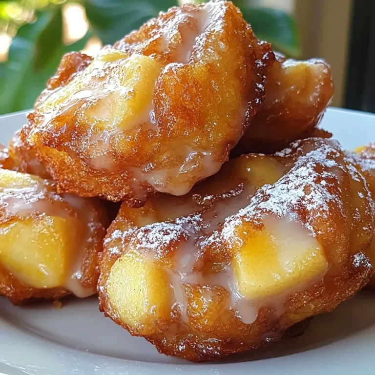 To make glazed apple fritter bites, gather these key ingredients: - 2 large apples (preferably Granny Smith or Honeycrisp), peeled, cored, and diced - 1 cup all-purpose flour - ½ cup granulated sugar - 1 tsp baking powder - ½ tsp baking soda - ¼ tsp salt - 1 tsp ground cinnamon - ½ cup whole milk - 1 large egg, at room temperature - 1 tsp pure vanilla extract - ½ cup powdered sugar (for the glaze) - 1-2 tablespoons milk (for adjusting the glaze) - Oil (such as vegetable or canola) for frying These ingredients create a delicious blend of flavors and textures. You can enhance the taste with these optional ingredients: - A pinch of nutmeg for a warm spice note - Chopped nuts like walnuts or pecans for crunch - A splash of maple syrup in the batter for sweetness These additions can elevate your fritter bites even more. To make these fritters, you'll need some basic kitchen tools: - Mixing bowls for combining ingredients - A whisk for mixing dry and wet ingredients - A slotted spoon for frying - A deep frying pan or heavy-bottomed pot - A cooking thermometer to check oil temperature Having the right equipment makes cooking easier and more fun. {{ingredient_image_2}} Start by peeling, coring, and dicing your apples. I like using Granny Smith or Honeycrisp. They give a nice sweet-tart flavor. In a medium bowl, mix the diced apples with 1 tablespoon of granulated sugar and a sprinkle of cinnamon. Toss them well to coat. This step helps the apples soak up the flavors while you prepare the batter. In a large bowl, whisk together the all-purpose flour, the remaining sugar, baking powder, baking soda, salt, and ground cinnamon. It is important to mix these well. This ensures that your fritters rise and taste great. I recommend using a whisk to get everything combined nicely. In another bowl, crack your egg and beat it lightly. Then, add the whole milk and pure vanilla extract. Stir until everything is smooth. This mixture will add moisture and flavor to your fritters. Heat about 2 inches of oil in a deep pan over medium heat. Aim for a temperature of 350°F (175°C). Use a thermometer to check the heat. Once the oil is ready, drop spoonfuls of batter into the oil. Fry them in small batches. Cook each fritter for about 2-3 minutes on each side until they are golden brown. Use a slotted spoon to remove them and drain on paper towels. In a small bowl, whisk together powdered sugar and 1-2 tablespoons of milk. Keep mixing until the glaze is smooth and pourable. If it’s too thick, add more milk until you reach the right consistency. This glaze adds sweetness and a beautiful finish to your fritters. Now, you're ready to enjoy your delicious glazed apple fritter bites! To fry the perfect fritter bites, follow these steps: - Heat the oil: Aim for 350°F (175°C). This is key. Too hot can burn; too cool makes soggy fritters. - Use a thermometer: A cooking thermometer helps you maintain the right temperature. - Small batches: Fry a few fritters at a time. This keeps the oil hot and gives even cooking. - Check for doneness: Fry for 2-3 minutes on each side. Look for a golden brown color. Remove them when they are done. Getting the glaze just right makes a big difference. Here’s how to adjust it: - Start with less milk: Mix 1 tablespoon of milk into the powdered sugar first. - Add gradually: If the glaze is too thick, slowly mix in more milk. - Desired thickness: For a thicker glaze, use less milk. For a thinner glaze, add more. Aim for a pourable consistency. Watch out for these common pitfalls: - Overmixing the batter: It’s okay to have lumps. Overmixing makes fritters tough. - Wrong oil temperature: If the oil is too hot, your fritters can burn. If too cold, they absorb oil. - Not draining properly: After frying, place fritters on paper towels. This helps remove excess oil. - Skipping the glaze: Don’t skip the glaze! It adds a sweet touch that makes them special. Pro Tips Choose the Right Apples: Opt for tart varieties like Granny Smith or Honeycrisp for a perfect balance of sweetness and tartness in your fritters. Monitor Oil Temperature: Using a cooking thermometer ensures that your oil stays at the right temperature, preventing soggy fritters and ensuring a crispy exterior. Don't Overmix the Batter: A few lumps in your batter are fine! Overmixing can lead to tough fritters, so mix just until combined. Serve Warm: For the best flavor, serve the glazed fritter bites warm. They are at their most delicious right after glazing! {{image_4}} You can switch up the flavor of your apple fritter bites. Try adding nuts for a nice crunch. Walnuts or pecans work well. You can also use different spices. Instead of just cinnamon, add nutmeg or ginger for a warm kick. For a sweet twist, mix in some chocolate chips. They melt and create a gooey center. While apples are classic, other fruits can shine too. Pears are soft and juicy, adding a sweet touch. Peaches can bring a fresh flavor to the fritters. For a tropical vibe, try crushed pineapple. Just be sure to drain extra juice to keep the batter right. The glaze is key to making these bites special. For a simple glaze, just mix powdered sugar with milk. For a twist, add lemon juice for a zesty flavor. Want something more indulgent? Try caramel sauce for a rich treat. You can also sprinkle some sea salt on top for a sweet-salty combo. To keep your glazed apple fritter bites fresh, store them in an airtight container. Place a paper towel at the bottom to absorb moisture. This helps keep them from getting soggy. You can store them at room temperature for up to two days. If you want them to last longer, the fridge is a great option. They stay fresh there for about four to five days. Freezing is a smart way to save fritter bites. First, let them cool completely. Then, arrange them in a single layer on a baking sheet. Freeze them for about an hour until firm. After that, transfer the bites to a freezer bag. Remember to remove as much air as possible. These can last for up to three months in the freezer. To enjoy your fritter bites again, reheating is easy. For the best results, use an oven. Preheat it to 350°F (175°C). Place the fritters on a baking sheet and heat for about 10 minutes. This keeps them crispy. You can also microwave them, but they may lose some crunch. Heat them for about 15-20 seconds at a time. Enjoy your bites warm for the best flavor! The best apples for fritters are Granny Smith and Honeycrisp. Both apples are crisp and tart. Their flavor shines through the sweet glaze. You can use other apples, but these two give the best taste. To make gluten-free fritter bites, swap all-purpose flour for a gluten-free blend. Many brands offer great mixes that work well in baking. Always check that your other ingredients are gluten-free too. This way, you can enjoy these treats without worry. Yes, you can bake them! Preheat your oven to 375°F (190°C). Place the fritter bites on a lined baking sheet. Bake for 15-20 minutes until golden brown. While they won’t be as crispy, they’ll still be tasty. Adjust the glaze after baking for a nice finish. In this blog post, we covered how to make delicious glazed apple fritter bites. We explored essential ingredients, simple steps, and tips for perfect frying. You learned about storage and variations to keep things exciting. Remember, the right apples and a good glaze will boost the flavor. Try different fruits and glaze types to fit your taste. These bites make a fun treat for all. Enjoy cooking, and happy munching!