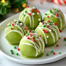 - 1 cup crushed green mint cookies (like Grasshoppers or mint Oreos) - 8 oz cream cheese, softened - 1 cup white chocolate chips - 1 teaspoon peppermint extract - Green food coloring (for a festive touch) - Red and green sprinkles (for decoration) - Mini candy canes, crushed (for garnishing) - Large mixing bowl - Spatula or hands (for mixing) - Cookie scoop or hands (for shaping) - Baking sheet lined with parchment paper - Microwave-safe bowl (for melting chocolate) - Fork (for coating truffles) These ingredients and tools make it easy to create Grinch Christmas truffles. The green mint cookies give a great flavor. Cream cheese keeps the truffles smooth and creamy. White chocolate adds sweetness. Optional ingredients let you customize your truffles. You can use festive colors and fun sprinkles to make them special. Enjoy the process! {{ingredient_image_2}} In a large bowl, mix the crushed green mint cookies with the softened cream cheese. You can use a spatula or your hands. It is important to blend until smooth. This mixture forms the heart of the truffles and helps them stick together. Now, add the peppermint extract to the mixture. If you want a bright green color, include a few drops of green food coloring. Stir well until the color and flavor are evenly mixed. This step adds a fun festive touch to your truffles. Cover the bowl with plastic wrap or a lid. Place it in the fridge and chill for about 30 minutes. This makes the mixture firmer. A firm mixture is easier to shape into truffles. Once chilled, take a small scoop of the mixture, about 1 inch wide. Roll it into a smooth ball with your hands. Place each ball on a baking sheet lined with parchment paper. This ensures they do not stick. In a microwave-safe bowl, add the white chocolate chips. Heat them in the microwave in 30-second bursts. Stir in between until the chocolate is melted and glossy. Be careful not to overheat it, as this can ruin the chocolate. Using a fork, dip each truffle into the melted chocolate. Make sure they are evenly coated. Let any extra chocolate drip off. Place them back on the lined baking sheet for a smooth finish. Before the chocolate sets, sprinkle the red and green decorations on top. For extra fun, add some crushed mini candy canes. This adds a nice crunch and makes your truffles look festive. Let the truffles sit at room temperature until the chocolate hardens. If you want them to set faster, place them in the fridge after decorating. For serving, arrange them on a colorful platter or in a holiday container. You can add a few mini candy canes for a charming touch. To get smooth truffles, mix the cream cheese and crushed cookies well. Use your hands or a spatula to blend them until they are fully combined. This makes sure the truffles hold their shape. Take your time with this step. If the mixture feels too sticky, chill it for a bit before rolling. Keep your truffles fresh by storing them in an airtight container. Place a piece of parchment paper between layers to prevent sticking. Store them in the fridge for up to a week. If you want them to last longer, you can freeze them. Just remember to thaw them in the fridge before serving. While white chocolate is tasty, you can try other coatings too. Dark chocolate adds a rich flavor. For a fun twist, use colored candy melts for a vibrant look. You can even roll the truffles in crushed nuts or cocoa powder for added texture. Each option gives a new taste and look to your truffles. Pro Tips Chill Thoroughly: Ensure the truffle mixture is adequately chilled before shaping. This helps in rolling them into smooth balls and prevents them from becoming too sticky. Perfect Chocolate Coating: When melting the white chocolate, do so in short intervals and stir frequently to avoid overheating. Properly melted chocolate will give a shiny finish. Experiment with Flavors: Feel free to customize your truffles by adding other extracts or flavorings, such as vanilla or almond, for a unique twist. Storage Tips: Store the truffles in an airtight container in the refrigerator to maintain their freshness and texture. Enjoy them within a week for best results! {{image_4}} You can change the cookie base for your truffles. Try using different cookies for a new taste. Instead of green mint cookies, use chocolate cookies. This will give your truffles a rich flavor. You can also use vanilla cookies for a sweeter mix. Each cookie type will change how the truffles taste. Experiment until you find your favorite! Coating is key for truffles. You can choose between chocolate and white chocolate. White chocolate gives a smooth, sweet taste. It also looks festive with its bright color. Dark chocolate adds a bold, rich flavor that many love. You can even mix both for a fun twist. Try coating half in white and half in dark chocolate for variety! You can change the flavor of your truffles with extracts. Besides peppermint extract, use vanilla or almond extract. Adding these will give your truffles a unique taste. Start with a small amount, about half a teaspoon, and taste. If you want more flavor, add a little more. This way, you can create your perfect Grinch truffles! To keep your Grinch Christmas truffles fresh, place them in an airtight container. Line the bottom with parchment paper to avoid sticking. You can store them in the fridge for up to a week. This keeps the truffles firm and tasty. If you want to enjoy them later, freezing is a great option. Here are some best practices for storage: - Cool before storing: Let the truffles cool completely before sealing them in a container. - Avoid moisture: Keep them away from moisture to prevent sogginess. - Separate layers: If stacking, add parchment paper between layers to avoid sticking. Following these tips helps your truffles stay fresh and delicious. Freezing truffles is simple. Here&rsquo;s how to do it: 1. Prepare for freezing: Place truffles in a single layer on a baking sheet. This prevents them from sticking. 2. Freeze: Put the baking sheet in the freezer for about an hour, until they are firm. 3. Store: Transfer the truffles to a freezer-safe bag or container. Remove as much air as possible. You can freeze them for up to three months. When you want to enjoy them, just thaw in the fridge overnight. For these truffles, I recommend using crushed green mint cookies. Grasshoppers or mint Oreos work great. Their flavor gives the truffles a refreshing taste. The mint pairs well with the cream cheese and chocolate. You can also try other mint cookies, but green is festive for Christmas. Yes, you can make these truffles ahead of time! They store well in the fridge. You can prepare them one or even two days in advance. Just keep them in an airtight container. This way, you save time on the busy holiday days. Plus, the flavors meld nicely over time. To get a smooth chocolate coating, melt the white chocolate carefully. Use a microwave in short bursts, about 30 seconds at a time. Stir between each heating session. This helps to avoid overheating. Once melted, dip each truffle fully. Let the excess chocolate drip off before setting it down. If you need a substitute for cream cheese, you can use mascarpone cheese. It has a similar creamy texture and taste. Another option is Greek yogurt, but it may change the flavor slightly. Just make sure it is thick enough to hold the truffles together. This blog post covered the key ingredients and steps for making Grinch Christmas Truffles. You learned about required and optional ingredients, tools, and tips for perfect truffles. We explored variations and safe storage methods to keep them fresh. Now, you can create delicious truffles, impressing your friends and family. With these easy steps, you&rsquo;ll have tasty treats ready in no time. Enjoy making, sharing, and indulging in your festive creations!
