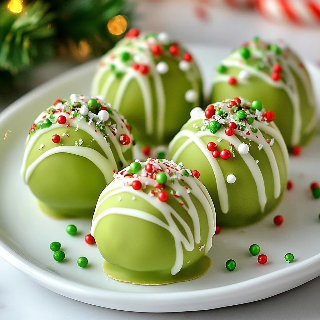 - 1 cup crushed green mint cookies (like Grasshoppers or mint Oreos) - 8 oz cream cheese, softened - 1 cup white chocolate chips - 1 teaspoon peppermint extract - Green food coloring (for a festive touch) - Red and green sprinkles (for decoration) - Mini candy canes, crushed (for garnishing) - Large mixing bowl - Spatula or hands (for mixing) - Cookie scoop or hands (for shaping) - Baking sheet lined with parchment paper - Microwave-safe bowl (for melting chocolate) - Fork (for coating truffles) These ingredients and tools make it easy to create Grinch Christmas truffles. The green mint cookies give a great flavor. Cream cheese keeps the truffles smooth and creamy. White chocolate adds sweetness. Optional ingredients let you customize your truffles. You can use festive colors and fun sprinkles to make them special. Enjoy the process! {{ingredient_image_2}} In a large bowl, mix the crushed green mint cookies with the softened cream cheese. You can use a spatula or your hands. It is important to blend until smooth. This mixture forms the heart of the truffles and helps them stick together. Now, add the peppermint extract to the mixture. If you want a bright green color, include a few drops of green food coloring. Stir well until the color and flavor are evenly mixed. This step adds a fun festive touch to your truffles. Cover the bowl with plastic wrap or a lid. Place it in the fridge and chill for about 30 minutes. This makes the mixture firmer. A firm mixture is easier to shape into truffles. Once chilled, take a small scoop of the mixture, about 1 inch wide. Roll it into a smooth ball with your hands. Place each ball on a baking sheet lined with parchment paper. This ensures they do not stick. In a microwave-safe bowl, add the white chocolate chips. Heat them in the microwave in 30-second bursts. Stir in between until the chocolate is melted and glossy. Be careful not to overheat it, as this can ruin the chocolate. Using a fork, dip each truffle into the melted chocolate. Make sure they are evenly coated. Let any extra chocolate drip off. Place them back on the lined baking sheet for a smooth finish. Before the chocolate sets, sprinkle the red and green decorations on top. For extra fun, add some crushed mini candy canes. This adds a nice crunch and makes your truffles look festive. Let the truffles sit at room temperature until the chocolate hardens. If you want them to set faster, place them in the fridge after decorating. For serving, arrange them on a colorful platter or in a holiday container. You can add a few mini candy canes for a charming touch. To get smooth truffles, mix the cream cheese and crushed cookies well. Use your hands or a spatula to blend them until they are fully combined. This makes sure the truffles hold their shape. Take your time with this step. If the mixture feels too sticky, chill it for a bit before rolling. Keep your truffles fresh by storing them in an airtight container. Place a piece of parchment paper between layers to prevent sticking. Store them in the fridge for up to a week. If you want them to last longer, you can freeze them. Just remember to thaw them in the fridge before serving. While white chocolate is tasty, you can try other coatings too. Dark chocolate adds a rich flavor. For a fun twist, use colored candy melts for a vibrant look. You can even roll the truffles in crushed nuts or cocoa powder for added texture. Each option gives a new taste and look to your truffles. Pro Tips Chill Thoroughly: Ensure the truffle mixture is adequately chilled before shaping. This helps in rolling them into smooth balls and prevents them from becoming too sticky. Perfect Chocolate Coating: When melting the white chocolate, do so in short intervals and stir frequently to avoid overheating. Properly melted chocolate will give a shiny finish. Experiment with Flavors: Feel free to customize your truffles by adding other extracts or flavorings, such as vanilla or almond, for a unique twist. Storage Tips: Store the truffles in an airtight container in the refrigerator to maintain their freshness and texture. Enjoy them within a week for best results! {{image_4}} You can change the cookie base for your truffles. Try using different cookies for a new taste. Instead of green mint cookies, use chocolate cookies. This will give your truffles a rich flavor. You can also use vanilla cookies for a sweeter mix. Each cookie type will change how the truffles taste. Experiment until you find your favorite! Coating is key for truffles. You can choose between chocolate and white chocolate. White chocolate gives a smooth, sweet taste. It also looks festive with its bright color. Dark chocolate adds a bold, rich flavor that many love. You can even mix both for a fun twist. Try coating half in white and half in dark chocolate for variety! You can change the flavor of your truffles with extracts. Besides peppermint extract, use vanilla or almond extract. Adding these will give your truffles a unique taste. Start with a small amount, about half a teaspoon, and taste. If you want more flavor, add a little more. This way, you can create your perfect Grinch truffles! To keep your Grinch Christmas truffles fresh, place them in an airtight container. Line the bottom with parchment paper to avoid sticking. You can store them in the fridge for up to a week. This keeps the truffles firm and tasty. If you want to enjoy them later, freezing is a great option. Here are some best practices for storage: - Cool before storing: Let the truffles cool completely before sealing them in a container. - Avoid moisture: Keep them away from moisture to prevent sogginess. - Separate layers: If stacking, add parchment paper between layers to avoid sticking. Following these tips helps your truffles stay fresh and delicious. Freezing truffles is simple. Here’s how to do it: 1. Prepare for freezing: Place truffles in a single layer on a baking sheet. This prevents them from sticking. 2. Freeze: Put the baking sheet in the freezer for about an hour, until they are firm. 3. Store: Transfer the truffles to a freezer-safe bag or container. Remove as much air as possible. You can freeze them for up to three months. When you want to enjoy them, just thaw in the fridge overnight. For these truffles, I recommend using crushed green mint cookies. Grasshoppers or mint Oreos work great. Their flavor gives the truffles a refreshing taste. The mint pairs well with the cream cheese and chocolate. You can also try other mint cookies, but green is festive for Christmas. Yes, you can make these truffles ahead of time! They store well in the fridge. You can prepare them one or even two days in advance. Just keep them in an airtight container. This way, you save time on the busy holiday days. Plus, the flavors meld nicely over time. To get a smooth chocolate coating, melt the white chocolate carefully. Use a microwave in short bursts, about 30 seconds at a time. Stir between each heating session. This helps to avoid overheating. Once melted, dip each truffle fully. Let the excess chocolate drip off before setting it down. If you need a substitute for cream cheese, you can use mascarpone cheese. It has a similar creamy texture and taste. Another option is Greek yogurt, but it may change the flavor slightly. Just make sure it is thick enough to hold the truffles together. This blog post covered the key ingredients and steps for making Grinch Christmas Truffles. You learned about required and optional ingredients, tools, and tips for perfect truffles. We explored variations and safe storage methods to keep them fresh. Now, you can create delicious truffles, impressing your friends and family. With these easy steps, you’ll have tasty treats ready in no time. Enjoy making, sharing, and indulging in your festive creations!