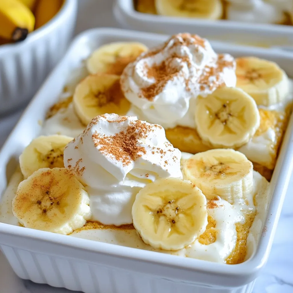 To make Eggnog Banana Pudding, you will need the following ingredients: - 2 ripe bananas, sliced into rounds - 2 cups eggnog (store-bought or homemade) - 1 cup heavy cream, chilled - 1/2 cup powdered sugar, sifted - 1 teaspoon pure vanilla extract - 1 tablespoon cornstarch - 1/2 teaspoon freshly grated ground nutmeg (plus extra for garnish) - 1 package (12 oz) vanilla wafer cookies - Whipped cream for topping - Ground cinnamon for garnish These ingredients come together to create a rich and delightful dessert. The bananas add a sweet touch, while the eggnog gives a festive flavor. Heavy cream helps create a fluffy texture, and the vanilla enhances the overall taste. The nutmeg adds warmth, perfect for the holiday season. Using fresh and quality ingredients makes a big difference. If you can, make your own eggnog for a personal twist. The combination of flavors in this pudding will surely impress your family and friends. {{ingredient_image_2}} First, we start with the eggnog and cornstarch. In a medium saucepan, mix 2 cups of eggnog with 1 tablespoon of cornstarch. Whisk it well to blend. Next, heat the mixture over medium heat. Keep whisking until it thickens and bubbles. This takes about 5 to 7 minutes. Watch it closely so it does not burn. Once it thickens, remove the pan from heat and let it cool slightly. Now, let’s prepare the whipped cream. In a separate bowl, combine 1 cup of chilled heavy cream, 1/2 cup of sifted powdered sugar, and 1 teaspoon of pure vanilla extract. Use an electric mixer to whip this mixture. Whip until soft peaks form. This will give you a light and fluffy cream. Carefully fold half of the whipped cream into the cooled eggnog mixture. This step makes the eggnog base lighter and easier to layer. It's time to layer the pudding! Start by placing half of the vanilla wafer cookies in a 9x13-inch baking dish. Make sure to cover the bottom evenly. Next, add half of the banana slices on top of the cookies. Spread them out well. Now, pour half of the eggnog mixture over the bananas. Gently spread it to cover them evenly. Repeat this process. Add the remaining cookies, then the rest of the banana slices. Finally, pour the last half of the eggnog mixture on top. Now, let’s finish our dessert! Spread the remaining whipped cream over the top layer of eggnog. Smooth it out to create an even surface. For a festive touch, sprinkle freshly grated nutmeg and ground cinnamon over the whipped cream. This adds flavor and looks great! Cover the baking dish tightly with plastic wrap. Refrigerate it for at least 4 hours, or overnight if you can. This helps the flavors blend and the pudding set. Enjoy your Eggnog Banana Pudding! To make light and fluffy whipped cream, start with chilled heavy cream. This ensures better volume. Use a mixing bowl that is also cold. Beat the cream with powdered sugar and vanilla until soft peaks form. Avoid over-mixing to keep it airy. For the eggnog mixture's thickness, mix eggnog and cornstarch in a saucepan over medium heat. Stir constantly as it heats. Look for it to bubble slightly, which takes about 5 to 7 minutes. This helps create a smooth and creamy base. For serving, consider using individual cups or bowls. This adds a nice touch and makes it easy for guests. Each serving can look special and inviting. Garnish your pudding with a sprinkle of nutmeg and a banana slice. This not only enhances the flavor but also adds visual appeal. A little cinnamon can elevate the look even more. For those with dietary restrictions, you can swap out ingredients. Use dairy-free whipped topping instead of heavy cream. Almond or coconut milk works well in place of eggnog. You can also change the flavor with spices. Add a pinch of cinnamon or a splash of different extracts like almond or rum. This allows you to create a version that suits your taste. Pro Tips Use Ripe Bananas: Ensure your bananas are perfectly ripe for the best flavor and sweetness in your pudding. Chill Your Cream: Whipping your heavy cream is easier when it's chilled. Pop it in the fridge for a bit before you start! Layering Technique: For a visually appealing dessert, make sure to layer evenly and gently to avoid crushing the bananas or cookies. Overnight Refrigeration: If time allows, refrigerate the pudding overnight. This enhances the flavors and allows it to set perfectly. {{image_4}} If you want a dairy-free version, use coconut milk or almond milk. These options give a rich flavor without dairy. Choose unsweetened varieties to control the sweetness. For whipped topping, find brands that offer dairy-free options. These can mimic traditional whipped cream well. For an adult twist, add rum or bourbon to the eggnog mixture. This addition brings warmth and depth to the dessert. Start with one to two tablespoons. Mix it in before layering. This makes the pudding festive, perfect for holiday gatherings. To create a vegan version, replace eggnog and cream with plant-based options. Use a vegan eggnog or make your own with almond milk, spices, and maple syrup. For whipped cream, try coconut cream or a soy-based alternative. This way, everyone can enjoy this treat! Store your Eggnog Banana Pudding in the fridge. Use an airtight container or tightly cover the dish with plastic wrap. This keeps it fresh and prevents it from picking up other smells. The pudding lasts for 3 to 4 days in the fridge. After that, it may lose its great taste and texture. You can freeze Eggnog Banana Pudding, but it may change in texture. The bananas can become mushy when thawed. If you still want to freeze it, cover the dish well with plastic wrap and then aluminum foil. This helps prevent freezer burn. To thaw, move it to the fridge a day before you want to eat it. This slow thaw helps keep the pudding's taste and texture better. Avoid thawing it in the microwave, as this can make it watery. Enjoy your festive treat! Yes, you can make this pudding ahead of time. I recommend making it at least one day in advance. This allows the flavors to blend well. The pudding will taste even better after sitting in the fridge overnight. Yes, you can use store-bought eggnog. It can save you time. However, homemade eggnog gives a richer flavor. Store-bought versions may be sweeter or creamier. Adjust your sugar if you use store-bought. To make this pudding gluten-free, choose gluten-free vanilla wafers. Many brands offer gluten-free options. You can also use crushed gluten-free cookies or even graham crackers. Check the labels to ensure they fit your needs. I love serving this pudding in individual cups. It looks festive and is easy to share. You can also layer it in a trifle dish for a beautiful presentation. Top each serving with whipped cream and a slice of banana for a nice touch. This blog post covered a delicious eggnog banana pudding recipe. We explored all the ingredients, from ripe bananas to heavy cream. I shared step-by-step instructions for easy cooking and tips for perfecting the texture. You learned about variations, including dairy-free and vegan options. Finally, we discussed storage tips to keep your pudding fresh. Now, you can create this delightful dessert to impress your friends and family. Enjoy every creamy layer and the festive flavors it brings!