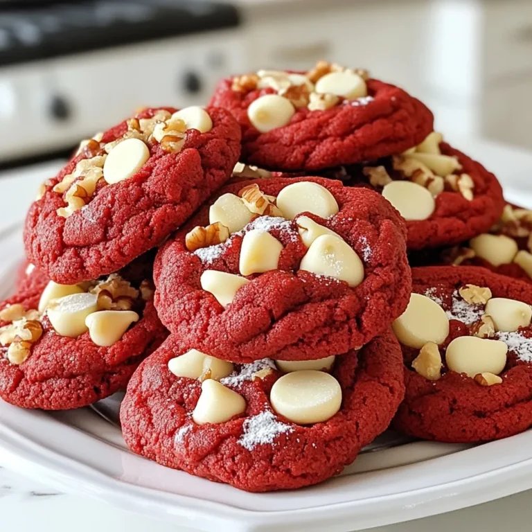 - 1 box of red velvet cake mix - 1/2 cup of vegetable oil - 2 large eggs - 1 teaspoon of vanilla extract - 1/2 cup of white chocolate chips - 1/2 cup of chopped pecans (optional) - 1/4 cup of powdered sugar (for dusting) To make red velvet cake mix cookies, gather these simple ingredients. The red velvet cake mix gives the cookies their rich color and flavor. Using vegetable oil keeps the cookies soft and chewy. The eggs act as a binder, while vanilla extract adds warmth. White chocolate chips bring a sweet touch. If you like, add chopped pecans for crunch. After baking, dust with powdered sugar for a lovely finish. This combination creates a festive treat perfect for any occasion. Feel free to get creative with your mix-ins! You could swap in dark chocolate chips or even add a sprinkle of festive spices. Each twist adds a unique flavor that makes the cookies your own. {{ingredient_image_2}} First, preheat your oven to 350°F (175°C). This step is key for even baking. While the oven heats up, line a baking sheet with parchment paper. This makes it easy to take off the cookies later. In a big bowl, combine the red velvet cake mix, vegetable oil, eggs, and vanilla extract. Mix with a spatula or spoon until you have a smooth and thick dough. Make sure there are no dry clumps left. This dough is the heart of your cookies. Now, it's time to add some fun! Gently fold in the white chocolate chips and any chopped pecans you want. Be careful not to overmix. You want to keep the dough's nice texture while spreading the goodies evenly. Grab a cookie scoop or a tablespoon. Use it to drop spoonfuls of dough onto the baking sheet. Space each cookie about 2 inches apart. This gives them room to spread while baking. Place the baking sheet in the oven and bake for 10-12 minutes. Keep an eye on them! They are ready when the edges are set, but the tops still look soft. This is how you get a chewy center. After baking, let the cookies cool on the baking sheet for about 5 minutes. This helps them firm up a bit. Then, carefully move them to a wire rack. Once they are cool, dust each cookie with powdered sugar for a nice finish. This adds a little sweetness and makes them look fancy! To get the best texture for your Red Velvet Cake Mix Cookies, timing is key. Watch the baking time closely. You want chewy centers, so take them out when the edges are set but the tops look soft. This usually takes about 10 to 12 minutes. Another trick is to chill your dough before baking. Cold dough helps make thicker cookies. If you have time, place the dough in the fridge for about 30 minutes. This simple step can turn your cookies from flat to fluffy! Once your cookies cool, you can make them even prettier. Dust them with powdered sugar for a nice touch. Use a sifter to sprinkle it lightly on top. This adds a sweet finish and makes them look special. For serving, arrange the cookies on a decorative platter. This not only looks great but also makes it easy for guests to grab a cookie. You can even place a small bowl of extra powdered sugar on the side. This way, everyone can add more if they want! Using the right tools can make your cookie-making easier. A cookie scoop or tablespoon helps create uniform sizes. This ensures even baking and gives your cookies a nice shape. Parchment paper is another must-have. Line your baking sheet with it for easy cleanup. It prevents the cookies from sticking and makes moving them much simpler. With these tools, baking your Red Velvet Cake Mix Cookies becomes a breeze! Pro Tips Chill the Dough: For thicker cookies, refrigerate the dough for 30 minutes before baking. This helps prevent spreading and keeps them nice and chewy. Mix-Ins Variation: Experiment with different chocolate chips, such as dark or milk chocolate, or add chopped walnuts for a twist on texture and flavor. Watch the Bake Time: Every oven is different, so check your cookies a minute or two before the suggested bake time. You'll want them to be soft in the center. Presentation Matters: For a festive touch, place the cookies in a clear jar with a ribbon or on a cake stand, and add sprigs of mint or edible flowers for decoration. {{image_4}} You can easily change the flavor of your red velvet cookies. For a twist, try adding different types of chocolate chips. Dark chocolate chips bring a rich taste, while milk chocolate offers a sweeter bite. You can also mix in crushed cookies or nuts. Chopped pecans add a nice crunch and depth to the flavor. If you need a gluten-free option, it's simple! Use gluten-free red velvet cake mix instead. This swap keeps your cookies just as tasty and chewy. You won’t miss the gluten at all. For festive cookies, add spices like cinnamon or nutmeg. These warm flavors make your cookies perfect for the holidays. You can even sprinkle colored sprinkles on top for a fun touch. This makes them stand out at parties and gatherings. Store your red velvet cake mix cookies in an airtight container. This keeps them fresh. They taste best within 3-5 days. After that, they may dry out. You can freeze cookie dough before baking. Just scoop it onto a baking sheet and freeze. Once solid, store the dough in freezer bags. You can also freeze baked cookies. Just place them in freezer bags for later. To reheat cookies, use a microwave or a toaster oven. Warm them for a few seconds until soft. Enjoying them warm brings out their best flavor and texture. To make red velvet cake mix cookies from scratch, you can switch regular baking ingredients for the cake mix. Use flour, cocoa powder, sugar, and baking powder. Combine these with wet ingredients like eggs, oil, and vanilla. This gives you control over flavors and texture. Yes, you can use other cake mix flavors. Chocolate cake mix works great for a rich taste. Vanilla cake mix gives a light flavor that pairs well with any mix-ins. Feel free to experiment with lemon or funfetti for a unique twist. If your dough is too sticky, refrigerate it for about 30 minutes. Chilling makes it easier to scoop and shape. It also helps the cookies bake evenly, giving you that perfect chewy center. To check if cookies are done, look for firm edges and soft tops. The edges should be set, and the tops should still look a bit soft. This means they will stay chewy after cooling. You now have a simple way to make delicious red velvet cookies. With just a few steps, you can mix, bake, and enjoy. Remember to keep an eye on the time for the best chewy texture. Try out different toppings or variations to make them unique. Store your cookies properly to keep them fresh and tasty. By following these tips, your baking will impress anyone you share with. Enjoy every bite of your sweet treat!