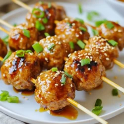 To make teriyaki meatball skewers, gather these simple ingredients: - 1 pound ground chicken - 1/2 cup breadcrumbs - 1/4 cup grated Parmesan cheese - 1/4 cup green onions, finely chopped - 2 cloves garlic, minced - 1 teaspoon fresh ginger, grated - 1 tablespoon soy sauce - 1/4 teaspoon black pepper - 1/4 teaspoon sesame oil - 1/2 cup teriyaki sauce (store-bought or homemade) - Optional: sesame seeds and sliced green onions for garnish If you can't find ground chicken, you can use ground turkey or pork. These options work well and keep the dish tasty. For breadcrumbs, try crushed crackers or gluten-free breadcrumbs. If you want a different flavor, add diced bell peppers or carrots into the meatball mix. For a lighter sauce, use a low-sodium or homemade teriyaki sauce. - Ground Chicken: This is the main ingredient. It keeps the meatballs tender and juicy. - Breadcrumbs: They help bind the meat together and add texture. - Parmesan Cheese: This adds a savory flavor and a bit of richness. - Green Onions: These give fresh, bright flavor and color. - Garlic and Ginger: Both add depth and a warm kick to the meatballs. - Soy Sauce: This brings umami and enhances the overall taste. - Teriyaki Sauce: This sweet and savory sauce coats the meatballs and adds a beautiful glaze. Each ingredient plays a key role in creating delicious teriyaki meatball skewers. {{ingredient_image_2}} For these tasty meatballs, mix your ingredients well. Start with a large bowl. Combine 1 pound of ground chicken with 1/2 cup of breadcrumbs. Add 1/4 cup of grated Parmesan cheese and 1/4 cup of finely chopped green onions. Next, mix in 2 minced garlic cloves and 1 teaspoon of grated fresh ginger. Then, pour in 1 tablespoon of soy sauce, along with 1/4 teaspoon of black pepper and 1/4 teaspoon of sesame oil. Use your hands or a spoon to mix everything until it&rsquo;s evenly combined. This step is key for flavor. Now, let&rsquo;s form the meatballs. Lightly oil your hands to keep the mixture from sticking. Shape the mixture into about 16 meatballs, each roughly 1 inch in diameter. This size helps them cook evenly. If you use wooden skewers, soak them in water for 30 minutes. This step prevents burning. Thread the meatballs onto the skewers, making sure to space them out evenly. This allows for even cooking and nice grill marks. Preheat your grill or grill pan to medium heat. This preheating is important to cook the meatballs well. Place the skewers on the grill and cook for 10 to 12 minutes. Turn them often to cook all sides nicely. In the last minute, brush the meatballs with the remaining 1/2 cup of teriyaki sauce. This adds a great glaze and flavor. When done, let the skewers rest for a few minutes. This step keeps the meatballs juicy. Finally, garnish with sesame seeds and extra green onions if you like. Enjoy your delicious Teriyaki Meatball Skewers! To make tasty meatballs, use fresh ingredients. I love adding grated ginger and garlic for a punch of flavor. The breadcrumbs help keep the meatballs tender. For a cheesy touch, add Parmesan cheese. You can also mix in finely chopped green onions for freshness. - Use 1 pound ground chicken for a light yet flavorful base. - Mix in 1/2 cup breadcrumbs to bind everything together. - Add 1/4 cup grated Parmesan cheese for creaminess. - Incorporate 1/4 cup finely chopped green onions for extra taste. - Don't forget 2 cloves minced garlic and 1 teaspoon grated ginger for zest. To get those beautiful grill marks, preheat your grill to medium heat. This way, the meatballs sear quickly. When placing the skewers on the grill, make sure they have space between them. That allows heat to circulate evenly. Turn the skewers every few minutes for even cooking. - Preheat the grill to medium heat for best results. - Space the skewers apart to allow proper air flow. - Turn the meatballs often to develop even marks. A few simple mistakes can ruin your meatballs. First, don&rsquo;t overcrowd the grill. This can cause uneven cooking. Also, avoid flipping them too early. You want a nice crust before turning. Lastly, brushing the sauce too soon can lead to burning. Save some for the last minute! - Avoid overcrowding the grill; give each skewer space. - Wait until a crust forms before flipping to avoid breaking. - Brush extra sauce in the last minute to prevent burning. Pro Tips Use Fresh Ingredients: Opt for fresh ground chicken, as it provides better flavor and texture compared to frozen varieties. Perfect Meatball Size: Keep your meatballs uniform in size to ensure even cooking and consistent grilling results. Marinate for Extra Flavor: If time allows, marinate the meatball mixture in the refrigerator for 30 minutes to an hour for enhanced flavor. Rest Before Serving: Allow skewers to rest for a few minutes after grilling to lock in juices and enhance tenderness. {{image_4}} You can swap ground chicken for other meats. Ground turkey works well too. If you prefer beef, use ground beef. For a unique twist, try ground pork. Each meat brings its own flavor. You can even use plant-based meat for a veggie option. This way, everyone can enjoy the skewers. Teriyaki sauce is a classic choice, but you can get creative. Try a sweet and spicy glaze with honey and sriracha. A soy sauce and garlic mix can add depth. For a tangy twist, use a mix of orange juice and soy sauce. Marinades change the taste of your meatballs, so feel free to experiment! Serve your skewers with rice or quinoa for a hearty meal. Steamed broccoli or green beans add color and crunch. A fresh salad with sesame dressing pairs nicely too. You can also serve them in lettuce wraps for a fun, low-carb option. Enjoy your Teriyaki Meatball Skewers with these tasty sides! After enjoying your teriyaki meatball skewers, you may have some leftovers. To store them, let the skewers cool down first. Place them in an airtight container. This helps keep the meatballs fresh. You can keep them in the fridge for up to three days. If you want to keep them longer, freezing is a great option. To reheat the skewers, you can use the oven or a microwave. For the oven, preheat it to 350&deg;F (175&deg;C). Place the skewers on a baking sheet. Heat them for about 10-15 minutes. This warms them without drying them out. If using a microwave, put the skewers on a plate. Cover them with a damp paper towel. Heat for 1-2 minutes, checking to avoid overheating. If you want to freeze the skewers, it's easy! Wrap each skewer tightly in plastic wrap or aluminum foil. This keeps them fresh and prevents freezer burn. Place the wrapped skewers in a freezer bag or container. They can last for up to three months in the freezer. When you're ready to eat, thaw them in the fridge overnight. Then, reheat as mentioned before. Enjoy your tasty teriyaki meatball skewers anytime! Yes, you can bake these meatballs. Preheat your oven to 400&deg;F (200&deg;C). Place the meatballs on a baking sheet lined with parchment paper. Bake them for 15-20 minutes or until they are cooked through. Check the internal temperature; it should reach 165&deg;F (74&deg;C). These skewers go well with many sides. Here are some tasty ideas: - Steamed rice or fried rice - A fresh salad with crisp veggies - Grilled vegetables for extra flavor - Noodles tossed in soy sauce or sesame oil These sides balance the sweet and savory notes of the teriyaki sauce. To check if meatballs are done, use a meat thermometer. The inside should reach 165&deg;F (74&deg;C). If you don't have a thermometer, cut one meatball in half. It should no longer be pink inside, and the juices should run clear. Cooking them properly ensures they are safe to eat and delicious. You now know how to make tasty Teriyaki Meatball Skewers. We covered ingredients, step-by-step instructions, and helpful tips to make them perfect. Don&rsquo;t forget about the variations that let you customize your meal. If you store any leftovers, remember the best ways to keep them fresh. By following these guidelines, you will impress everyone with your cooking skills. Enjoy making these skewers for family or friends and have fun experimenting with flavors. This dish is easy to make and very rewarding.