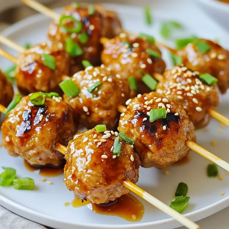 To make teriyaki meatball skewers, gather these simple ingredients: - 1 pound ground chicken - 1/2 cup breadcrumbs - 1/4 cup grated Parmesan cheese - 1/4 cup green onions, finely chopped - 2 cloves garlic, minced - 1 teaspoon fresh ginger, grated - 1 tablespoon soy sauce - 1/4 teaspoon black pepper - 1/4 teaspoon sesame oil - 1/2 cup teriyaki sauce (store-bought or homemade) - Optional: sesame seeds and sliced green onions for garnish If you can't find ground chicken, you can use ground turkey or pork. These options work well and keep the dish tasty. For breadcrumbs, try crushed crackers or gluten-free breadcrumbs. If you want a different flavor, add diced bell peppers or carrots into the meatball mix. For a lighter sauce, use a low-sodium or homemade teriyaki sauce. - Ground Chicken: This is the main ingredient. It keeps the meatballs tender and juicy. - Breadcrumbs: They help bind the meat together and add texture. - Parmesan Cheese: This adds a savory flavor and a bit of richness. - Green Onions: These give fresh, bright flavor and color. - Garlic and Ginger: Both add depth and a warm kick to the meatballs. - Soy Sauce: This brings umami and enhances the overall taste. - Teriyaki Sauce: This sweet and savory sauce coats the meatballs and adds a beautiful glaze. Each ingredient plays a key role in creating delicious teriyaki meatball skewers. {{ingredient_image_2}} For these tasty meatballs, mix your ingredients well. Start with a large bowl. Combine 1 pound of ground chicken with 1/2 cup of breadcrumbs. Add 1/4 cup of grated Parmesan cheese and 1/4 cup of finely chopped green onions. Next, mix in 2 minced garlic cloves and 1 teaspoon of grated fresh ginger. Then, pour in 1 tablespoon of soy sauce, along with 1/4 teaspoon of black pepper and 1/4 teaspoon of sesame oil. Use your hands or a spoon to mix everything until it’s evenly combined. This step is key for flavor. Now, let’s form the meatballs. Lightly oil your hands to keep the mixture from sticking. Shape the mixture into about 16 meatballs, each roughly 1 inch in diameter. This size helps them cook evenly. If you use wooden skewers, soak them in water for 30 minutes. This step prevents burning. Thread the meatballs onto the skewers, making sure to space them out evenly. This allows for even cooking and nice grill marks. Preheat your grill or grill pan to medium heat. This preheating is important to cook the meatballs well. Place the skewers on the grill and cook for 10 to 12 minutes. Turn them often to cook all sides nicely. In the last minute, brush the meatballs with the remaining 1/2 cup of teriyaki sauce. This adds a great glaze and flavor. When done, let the skewers rest for a few minutes. This step keeps the meatballs juicy. Finally, garnish with sesame seeds and extra green onions if you like. Enjoy your delicious Teriyaki Meatball Skewers! To make tasty meatballs, use fresh ingredients. I love adding grated ginger and garlic for a punch of flavor. The breadcrumbs help keep the meatballs tender. For a cheesy touch, add Parmesan cheese. You can also mix in finely chopped green onions for freshness. - Use 1 pound ground chicken for a light yet flavorful base. - Mix in 1/2 cup breadcrumbs to bind everything together. - Add 1/4 cup grated Parmesan cheese for creaminess. - Incorporate 1/4 cup finely chopped green onions for extra taste. - Don't forget 2 cloves minced garlic and 1 teaspoon grated ginger for zest. To get those beautiful grill marks, preheat your grill to medium heat. This way, the meatballs sear quickly. When placing the skewers on the grill, make sure they have space between them. That allows heat to circulate evenly. Turn the skewers every few minutes for even cooking. - Preheat the grill to medium heat for best results. - Space the skewers apart to allow proper air flow. - Turn the meatballs often to develop even marks. A few simple mistakes can ruin your meatballs. First, don’t overcrowd the grill. This can cause uneven cooking. Also, avoid flipping them too early. You want a nice crust before turning. Lastly, brushing the sauce too soon can lead to burning. Save some for the last minute! - Avoid overcrowding the grill; give each skewer space. - Wait until a crust forms before flipping to avoid breaking. - Brush extra sauce in the last minute to prevent burning. Pro Tips Use Fresh Ingredients: Opt for fresh ground chicken, as it provides better flavor and texture compared to frozen varieties. Perfect Meatball Size: Keep your meatballs uniform in size to ensure even cooking and consistent grilling results. Marinate for Extra Flavor: If time allows, marinate the meatball mixture in the refrigerator for 30 minutes to an hour for enhanced flavor. Rest Before Serving: Allow skewers to rest for a few minutes after grilling to lock in juices and enhance tenderness. {{image_4}} You can swap ground chicken for other meats. Ground turkey works well too. If you prefer beef, use ground beef. For a unique twist, try ground pork. Each meat brings its own flavor. You can even use plant-based meat for a veggie option. This way, everyone can enjoy the skewers. Teriyaki sauce is a classic choice, but you can get creative. Try a sweet and spicy glaze with honey and sriracha. A soy sauce and garlic mix can add depth. For a tangy twist, use a mix of orange juice and soy sauce. Marinades change the taste of your meatballs, so feel free to experiment! Serve your skewers with rice or quinoa for a hearty meal. Steamed broccoli or green beans add color and crunch. A fresh salad with sesame dressing pairs nicely too. You can also serve them in lettuce wraps for a fun, low-carb option. Enjoy your Teriyaki Meatball Skewers with these tasty sides! After enjoying your teriyaki meatball skewers, you may have some leftovers. To store them, let the skewers cool down first. Place them in an airtight container. This helps keep the meatballs fresh. You can keep them in the fridge for up to three days. If you want to keep them longer, freezing is a great option. To reheat the skewers, you can use the oven or a microwave. For the oven, preheat it to 350°F (175°C). Place the skewers on a baking sheet. Heat them for about 10-15 minutes. This warms them without drying them out. If using a microwave, put the skewers on a plate. Cover them with a damp paper towel. Heat for 1-2 minutes, checking to avoid overheating. If you want to freeze the skewers, it's easy! Wrap each skewer tightly in plastic wrap or aluminum foil. This keeps them fresh and prevents freezer burn. Place the wrapped skewers in a freezer bag or container. They can last for up to three months in the freezer. When you're ready to eat, thaw them in the fridge overnight. Then, reheat as mentioned before. Enjoy your tasty teriyaki meatball skewers anytime! Yes, you can bake these meatballs. Preheat your oven to 400°F (200°C). Place the meatballs on a baking sheet lined with parchment paper. Bake them for 15-20 minutes or until they are cooked through. Check the internal temperature; it should reach 165°F (74°C). These skewers go well with many sides. Here are some tasty ideas: - Steamed rice or fried rice - A fresh salad with crisp veggies - Grilled vegetables for extra flavor - Noodles tossed in soy sauce or sesame oil These sides balance the sweet and savory notes of the teriyaki sauce. To check if meatballs are done, use a meat thermometer. The inside should reach 165°F (74°C). If you don't have a thermometer, cut one meatball in half. It should no longer be pink inside, and the juices should run clear. Cooking them properly ensures they are safe to eat and delicious. You now know how to make tasty Teriyaki Meatball Skewers. We covered ingredients, step-by-step instructions, and helpful tips to make them perfect. Don’t forget about the variations that let you customize your meal. If you store any leftovers, remember the best ways to keep them fresh. By following these guidelines, you will impress everyone with your cooking skills. Enjoy making these skewers for family or friends and have fun experimenting with flavors. This dish is easy to make and very rewarding.