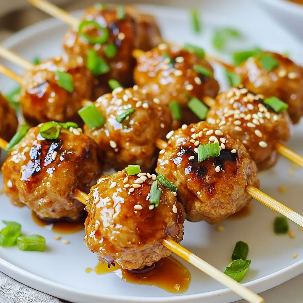 To make teriyaki meatball skewers, gather these simple ingredients: - 1 pound ground chicken - 1/2 cup breadcrumbs - 1/4 cup grated Parmesan cheese - 1/4 cup green onions, finely chopped - 2 cloves garlic, minced - 1 teaspoon fresh ginger, grated - 1 tablespoon soy sauce - 1/4 teaspoon black pepper - 1/4 teaspoon sesame oil - 1/2 cup teriyaki sauce (store-bought or homemade) - Optional: sesame seeds and sliced green onions for garnish If you can't find ground chicken, you can use ground turkey or pork. These options work well and keep the dish tasty. For breadcrumbs, try crushed crackers or gluten-free breadcrumbs. If you want a different flavor, add diced bell peppers or carrots into the meatball mix. For a lighter sauce, use a low-sodium or homemade teriyaki sauce. - Ground Chicken: This is the main ingredient. It keeps the meatballs tender and juicy. - Breadcrumbs: They help bind the meat together and add texture. - Parmesan Cheese: This adds a savory flavor and a bit of richness. - Green Onions: These give fresh, bright flavor and color. - Garlic and Ginger: Both add depth and a warm kick to the meatballs. - Soy Sauce: This brings umami and enhances the overall taste. - Teriyaki Sauce: This sweet and savory sauce coats the meatballs and adds a beautiful glaze. Each ingredient plays a key role in creating delicious teriyaki meatball skewers. {{ingredient_image_2}} For these tasty meatballs, mix your ingredients well. Start with a large bowl. Combine 1 pound of ground chicken with 1/2 cup of breadcrumbs. Add 1/4 cup of grated Parmesan cheese and 1/4 cup of finely chopped green onions. Next, mix in 2 minced garlic cloves and 1 teaspoon of grated fresh ginger. Then, pour in 1 tablespoon of soy sauce, along with 1/4 teaspoon of black pepper and 1/4 teaspoon of sesame oil. Use your hands or a spoon to mix everything until it’s evenly combined. This step is key for flavor. Now, let’s form the meatballs. Lightly oil your hands to keep the mixture from sticking. Shape the mixture into about 16 meatballs, each roughly 1 inch in diameter. This size helps them cook evenly. If you use wooden skewers, soak them in water for 30 minutes. This step prevents burning. Thread the meatballs onto the skewers, making sure to space them out evenly. This allows for even cooking and nice grill marks. Preheat your grill or grill pan to medium heat. This preheating is important to cook the meatballs well. Place the skewers on the grill and cook for 10 to 12 minutes. Turn them often to cook all sides nicely. In the last minute, brush the meatballs with the remaining 1/2 cup of teriyaki sauce. This adds a great glaze and flavor. When done, let the skewers rest for a few minutes. This step keeps the meatballs juicy. Finally, garnish with sesame seeds and extra green onions if you like. Enjoy your delicious Teriyaki Meatball Skewers! To make tasty meatballs, use fresh ingredients. I love adding grated ginger and garlic for a punch of flavor. The breadcrumbs help keep the meatballs tender. For a cheesy touch, add Parmesan cheese. You can also mix in finely chopped green onions for freshness. - Use 1 pound ground chicken for a light yet flavorful base. - Mix in 1/2 cup breadcrumbs to bind everything together. - Add 1/4 cup grated Parmesan cheese for creaminess. - Incorporate 1/4 cup finely chopped green onions for extra taste. - Don't forget 2 cloves minced garlic and 1 teaspoon grated ginger for zest. To get those beautiful grill marks, preheat your grill to medium heat. This way, the meatballs sear quickly. When placing the skewers on the grill, make sure they have space between them. That allows heat to circulate evenly. Turn the skewers every few minutes for even cooking. - Preheat the grill to medium heat for best results. - Space the skewers apart to allow proper air flow. - Turn the meatballs often to develop even marks. A few simple mistakes can ruin your meatballs. First, don’t overcrowd the grill. This can cause uneven cooking. Also, avoid flipping them too early. You want a nice crust before turning. Lastly, brushing the sauce too soon can lead to burning. Save some for the last minute! - Avoid overcrowding the grill; give each skewer space. - Wait until a crust forms before flipping to avoid breaking. - Brush extra sauce in the last minute to prevent burning. Pro Tips Use Fresh Ingredients: Opt for fresh ground chicken, as it provides better flavor and texture compared to frozen varieties. Perfect Meatball Size: Keep your meatballs uniform in size to ensure even cooking and consistent grilling results. Marinate for Extra Flavor: If time allows, marinate the meatball mixture in the refrigerator for 30 minutes to an hour for enhanced flavor. Rest Before Serving: Allow skewers to rest for a few minutes after grilling to lock in juices and enhance tenderness. {{image_4}} You can swap ground chicken for other meats. Ground turkey works well too. If you prefer beef, use ground beef. For a unique twist, try ground pork. Each meat brings its own flavor. You can even use plant-based meat for a veggie option. This way, everyone can enjoy the skewers. Teriyaki sauce is a classic choice, but you can get creative. Try a sweet and spicy glaze with honey and sriracha. A soy sauce and garlic mix can add depth. For a tangy twist, use a mix of orange juice and soy sauce. Marinades change the taste of your meatballs, so feel free to experiment! Serve your skewers with rice or quinoa for a hearty meal. Steamed broccoli or green beans add color and crunch. A fresh salad with sesame dressing pairs nicely too. You can also serve them in lettuce wraps for a fun, low-carb option. Enjoy your Teriyaki Meatball Skewers with these tasty sides! After enjoying your teriyaki meatball skewers, you may have some leftovers. To store them, let the skewers cool down first. Place them in an airtight container. This helps keep the meatballs fresh. You can keep them in the fridge for up to three days. If you want to keep them longer, freezing is a great option. To reheat the skewers, you can use the oven or a microwave. For the oven, preheat it to 350°F (175°C). Place the skewers on a baking sheet. Heat them for about 10-15 minutes. This warms them without drying them out. If using a microwave, put the skewers on a plate. Cover them with a damp paper towel. Heat for 1-2 minutes, checking to avoid overheating. If you want to freeze the skewers, it's easy! Wrap each skewer tightly in plastic wrap or aluminum foil. This keeps them fresh and prevents freezer burn. Place the wrapped skewers in a freezer bag or container. They can last for up to three months in the freezer. When you're ready to eat, thaw them in the fridge overnight. Then, reheat as mentioned before. Enjoy your tasty teriyaki meatball skewers anytime! Yes, you can bake these meatballs. Preheat your oven to 400°F (200°C). Place the meatballs on a baking sheet lined with parchment paper. Bake them for 15-20 minutes or until they are cooked through. Check the internal temperature; it should reach 165°F (74°C). These skewers go well with many sides. Here are some tasty ideas: - Steamed rice or fried rice - A fresh salad with crisp veggies - Grilled vegetables for extra flavor - Noodles tossed in soy sauce or sesame oil These sides balance the sweet and savory notes of the teriyaki sauce. To check if meatballs are done, use a meat thermometer. The inside should reach 165°F (74°C). If you don't have a thermometer, cut one meatball in half. It should no longer be pink inside, and the juices should run clear. Cooking them properly ensures they are safe to eat and delicious. You now know how to make tasty Teriyaki Meatball Skewers. We covered ingredients, step-by-step instructions, and helpful tips to make them perfect. Don’t forget about the variations that let you customize your meal. If you store any leftovers, remember the best ways to keep them fresh. By following these guidelines, you will impress everyone with your cooking skills. Enjoy making these skewers for family or friends and have fun experimenting with flavors. This dish is easy to make and very rewarding.