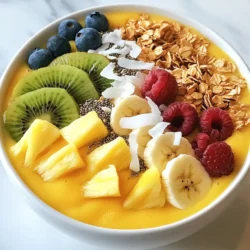 To make a tasty Tropical Pineapple Smoothie Bowl, gather these main ingredients: - 1 ripe banana, frozen - 1 cup fresh pineapple chunks - 1/2 cup coconut milk (or almond milk for a nut-free option) - 1/2 cup Greek yogurt (you can use dairy-free yogurt) - 1 tablespoon honey or agave syrup (optional for sweetness) - 1/4 teaspoon vanilla extract These ingredients create a creamy and refreshing base for your smoothie bowl. If you want to adjust the sweetness, use these options: - Honey - Agave syrup - Maple syrup You can add these sweeteners to taste. If you prefer a different flavor, try using almond milk instead of coconut milk. You can also swap Greek yogurt for a dairy-free version if needed. Toppings can make your smoothie bowl look fun and inviting. Here are some ideas: - 1/2 cup granola (pick your favorite mix) - 2 tablespoons coconut flakes - 1 tablespoon chia seeds - 1 ripe kiwi, sliced - 1/2 cup fresh berries (such as strawberries, blueberries, or raspberries) These toppings add texture and color. They make the bowl not only tasty but also beautiful. Enjoy your creation and feel like you&rsquo;re on a tropical vacation! {{ingredient_image_2}} To start, gather your ingredients. You will need a frozen banana, fresh pineapple chunks, coconut milk, Greek yogurt, honey, and vanilla extract. Place all these items into your blender. The frozen banana adds creaminess, while the pineapple gives a fresh taste. If you prefer a nut-free version, use almond milk. Blend the mixture on high speed. Watch as it turns creamy and smooth. If the smoothie feels too thick, add a splash of coconut milk. You want a texture that&rsquo;s easy to scoop but thick enough to hold toppings. Make sure to scrape the sides with a spatula for even mixing. Now it&rsquo;s time to pour the smoothie into a bowl. Use a spatula for an easy transfer. Start by adding granola in the center. Next, sprinkle coconut flakes all around. Then, add chia seeds around the edges for a nice touch. Top it off with sliced kiwi and fresh berries for color. If you'd like extra sweetness, drizzle honey on top. For a fun serving idea, use a colorful straw or a wooden spoon. Enjoy your tropical treat! To get the perfect smoothie bowl, you want it thick, not runny. Start with one frozen banana. It adds creaminess and helps to chill the mix. Use fresh pineapple chunks for great flavor. Add coconut milk and Greek yogurt for a rich texture. If your smoothie is too thick, add a splash of coconut milk. Blend until it&rsquo;s smooth and creamy. Select a ripe pineapple for the best taste. Look for a golden color and a sweet smell. The leaves should be green and fresh. If you squeeze it gently, it should feel slightly soft. Avoid pineapples that are too hard or have dark spots. Fresh pineapple makes all the difference in your smoothie bowl. You can take your smoothie bowl to the next level with add-ins. Try adding a tablespoon of honey for sweetness. Vanilla extract boosts the flavor, making it richer. You can also use spinach for extra nutrients. It won't change the taste much but adds a nice green color. Feel free to experiment with different flavors and textures! Pro Tips Use Frozen Fruits: Using frozen banana and pineapple not only enhances the creaminess but also keeps your smoothie bowl refreshingly cold without the need for ice. Customize Your Toppings: Feel free to mix and match toppings based on your preference or seasonal availability for a unique twist each time you make this smoothie bowl. Balance Sweetness: Adjust the sweetener according to your taste; some may prefer the natural sweetness of the fruits without additional honey or agave syrup. Experiment with Bases: Swap out coconut milk for other plant-based milks like oat or cashew milk to discover new flavors and textures in your smoothie bowl. {{image_4}} You can mix different fruits in your smoothie bowl. Try adding mango, papaya, or passion fruit. These fruits blend well with pineapple. They give a burst of flavor and color. Each fruit adds a unique taste and vibe. You can even toss in some spinach for extra nutrients. It won&rsquo;t change the taste much! To make this bowl dairy-free, swap Greek yogurt for a dairy-free yogurt. Coconut yogurt works great and keeps the tropical theme. You can also use almond milk instead of coconut milk for a nut-free choice. This keeps the smoothie creamy without any dairy. Want a protein boost? Add a scoop of your favorite protein powder. You can also use nut butter like almond or peanut butter. These add creaminess and flavor. Chia seeds, already in the recipe, also pack protein. They give a nice crunch and help you feel full longer. To store your leftover smoothie, pour it into an airtight container. Seal it tightly. Place it in the fridge. It will stay fresh for one day. When you are ready to enjoy it, shake or stir well. If it's too thick, add a splash of coconut milk to loosen it up. You can freeze any leftover smoothie. Pour it into ice cube trays. Once frozen, pop the cubes into a freezer bag. This way, you can blend them into future smoothies. Just toss a few cubes into the blender later. Enjoy a quick tropical treat any time! Always choose ripe fruits for the best flavor. Look for bright yellow pineapples with a sweet scent. Keep your fruits in the fridge to last longer. Store bananas at room temperature until they ripen. Once ripe, add them to the fridge to slow down browning. By following these tips, you can make the most of your Tropical Pineapple Smoothie Bowl and keep it fresh and tasty! Yes, you can prepare the smoothie base ahead of time. Blend the ingredients and store it in the fridge. Just keep in mind that the texture may change after a few hours. For the best taste and freshness, make it right before you eat. If you want to save time, you can freeze the smoothie base. Just thaw it in the fridge overnight. You can use many fruits in your smoothie bowl. Some great options include: - Mango - Papaya - Berries (like strawberries or blueberries) - Peaches - Spinach for a green boost These fruits add flavor and nutrients, making your bowl even better! To make your smoothie bowl more filling, you can add: - Oats or granola for fiber - Nut butter for healthy fats - Protein powder for an extra protein kick - Chia seeds, which expand in water and keep you full These options will help you feel satisfied longer. Yes, you can easily make a low-calorie version. Here are some tips: - Use unsweetened coconut milk or almond milk. - Skip the honey or use a sugar-free sweetener. - Reduce the amount of yogurt or choose a low-fat version. These swaps will keep the taste while lowering the calories. In this blog post, we explored how to make a delicious tropical pineapple smoothie bowl. We covered key ingredients, blending techniques, and creative ways to present your bowl. You learned tips for the best texture and flavor. We also discussed fun variations, plus storage and prep tips for leftovers. Smoothie bowls are fun and healthy. Experiment with your favorite fruits and toppings. You can enjoy quick, tasty meals any time. Happy blending!