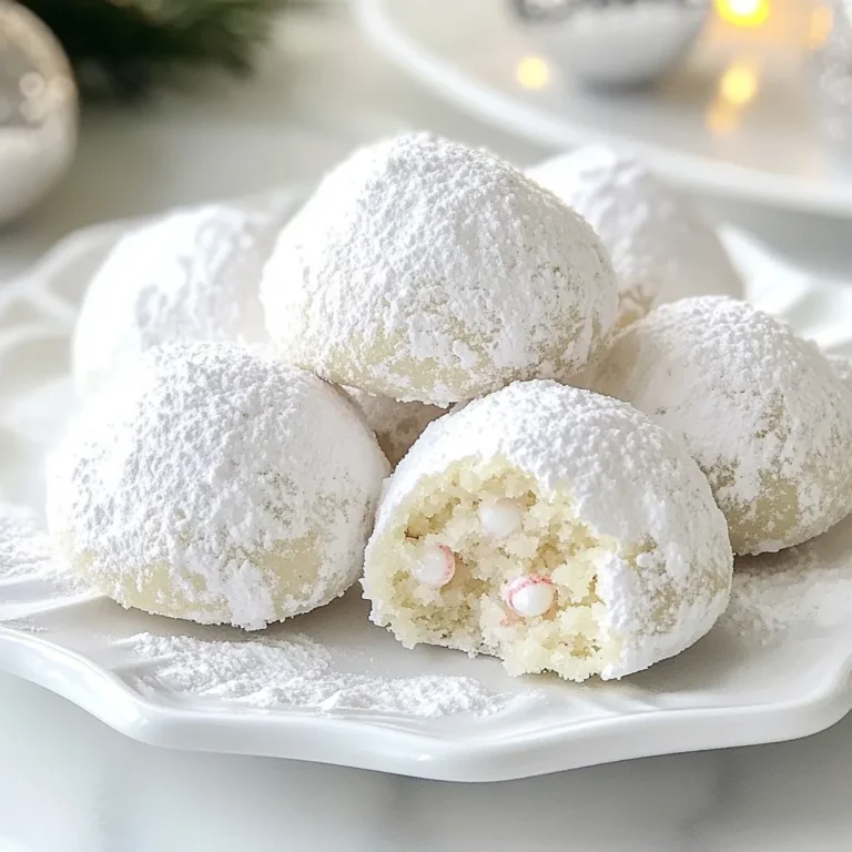 To make Peppermint Snowball Cookies, you need the following ingredients: - 1 cup unsalted butter, softened to room temperature - 1/2 cup powdered sugar, plus additional for dusting - 1 teaspoon pure vanilla extract - 1 teaspoon peppermint extract - 2 cups all-purpose flour - 1/2 cup cornstarch - 1/4 teaspoon salt - 1/2 cup crushed peppermint candies or crushed candy canes You can customize your cookies if needed. Here are some simple swaps: - Alternative sweeteners: You can use honey or maple syrup for a different sweetness. - Gluten-free flour options: If you're gluten-sensitive, use a 1:1 gluten-free flour blend instead of all-purpose flour. - Using baking powder instead of cornstarch: You can replace cornstarch with baking powder for a lighter texture, but it may affect the final look. The quality of your ingredients matters. Here are my best tips: - Choosing the right butter: Use high-quality unsalted butter for the best flavor. Look for brands that use cream only. - Freshness of extracts and spices: Always check the expiry date on your extracts. Fresh extracts give better flavor. - The importance of using crushed candies: Use fresh crushed peppermint candies or candy canes. This adds a nice crunch and bright flavor. These details will help your cookies shine and taste great! {{ingredient_image_2}} First, preheat your oven to 350°F (175°C). This step is key for even baking. While the oven heats, line a baking sheet with parchment paper. This paper helps the cookies not stick and makes cleanup easy. In a large bowl, mix 1 cup of softened unsalted butter and 1/2 cup of powdered sugar. Use an electric mixer on medium speed. Cream them together until the mix is light and fluffy, which takes about 2-3 minutes. Next, add in 1 teaspoon of pure vanilla extract and 1 teaspoon of peppermint extract. Mix until fully combined. In another bowl, whisk together 2 cups of all-purpose flour, 1/2 cup of cornstarch, and 1/4 teaspoon of salt. Slowly add this flour mix to the butter mixture. Stir with a spatula until the dough forms. Be careful not to overmix. Finally, fold in 1/2 cup of crushed peppermint candies for a nice crunch. Now, take portions of dough and roll them into 1-inch balls. Place these balls on the prepared baking sheet, leaving about 2 inches between each. This space allows the cookies to spread while baking. Bake the cookies in the preheated oven for 10-12 minutes. The edges should be lightly golden. The centers will look soft but will firm up as they cool. After baking, let the cookies cool on the baking sheet for 5 minutes. This helps them set before moving them to a wire rack. Once they cool completely, dust with extra powdered sugar for that snowy finish. To get fluffy cookies, always start with softened butter. This helps create air in the dough. Cream the butter and sugar until light and fluffy. This process usually takes about 2-3 minutes. Avoid overmixing the dough once you add the dry ingredients. Mix just until combined. Overmixing makes cookies tough rather than tender. For the best look, dust cookies with powdered sugar after they cool. Use a fine mesh sieve or sifter for even coverage. This creates a beautiful snowy effect. You can also display cookies on a festive platter. Sprinkle extra crushed peppermint candies on top for color and crunch. This will impress your guests at any holiday event. One common mistake is overbaking cookies. Keep an eye on them in the oven. They should be lightly golden at the edges. The centers may look soft, but they will firm up as they cool. Another mistake is storing cookies before dusting with sugar. Wait until they cool completely. This keeps the sugar from melting and losing its charm. Pro Tips Chill the Dough: For even better texture and to prevent spreading, chill the cookie dough for about 30 minutes before rolling into balls. Use Fresh Ingredients: Ensure your baking powder and extracts are fresh for the best flavor and rise in your cookies. Customize the Toppings: Feel free to substitute crushed peppermint with other crushed candies like chocolate or toffee for a unique twist. Store Properly: Keep your cookies in an airtight container at room temperature to maintain their freshness for longer. {{image_4}} You can add chocolate chips to the cookie dough for a sweet twist. This makes the cookies even more delightful. Consider using mini chocolate chips for a fun look. You can also try different extracts. Almond extract or orange extract can give a unique flavor that pairs well with peppermint. Just remember to use less if you choose a stronger extract. For a dairy-free option, replace the butter with a plant-based butter. Look for one that works well for baking. You can still keep that rich taste. If you need nut-free cookies, check your crushed peppermint candies. Some brands may process nuts. Always read labels to make sure your treats are safe for everyone. These cookies shine at Christmas, but they also fit other winter celebrations. For Valentine's Day, roll the cookies in pink or red sugar. For a snowy theme, use white chocolate drizzle on top. You can even shape them like hearts or stars. Adjusting the colors and shapes brings fun to any holiday table. To keep your peppermint snowball cookies fresh, store them in an airtight container. This will prevent them from drying out. You can use a cookie jar or a plastic container with a tight lid. Place a piece of parchment paper between layers if you stack them. This avoids sticking. Store the cookies at room temperature away from sunlight. You can freeze cookies before or after baking. To freeze before baking, scoop the dough into balls and place them on a baking sheet. Freeze until firm, then transfer to a freezer-safe bag. To bake, just add a few extra minutes to the bake time. If you freeze them after baking, let them cool first. Wrap each cookie in plastic wrap and then place them in a freezer bag. When you’re ready to enjoy them, thaw at room temperature for about an hour. For the best texture, eat them within a month. Peppermint snowball cookies last about one week at room temperature. Check for softness and flavor to know if they are still good. Signs of spoilage include a dry texture or strange smells. If you see any mold, throw them away right away. Enjoy your holiday treats while they are still fresh! Yes, you can use margarine instead of butter. However, it will change the taste and texture. Butter gives a rich flavor and a soft texture. Margarine may make the cookies less tender. The cookies might not taste as good. If you want the best flavor, stick with butter. You can tell the cookies are done by looking at the edges. They should be lightly golden. The centers may still look soft. This is okay, as they will firm up while cooling. If the edges are brown, you may have overbaked them. Trust your eyes, and check them closely. Yes, you can make the dough ahead of time. Just store it in the fridge for up to three days. Wrap it tightly in plastic wrap or place it in an airtight container. This helps keep the dough fresh. When you are ready, take it out and let it sit at room temperature for a bit before baking. We covered key ingredients needed for baking amazing cookies. You learned about substitutions, tips for quality, and how to prep. The step-by-step guide helped you mix, shape, and bake with ease. I shared tricks for the perfect texture and creative ideas for serving. Lastly, we discussed storage for freshness and answers to common questions. Baking cookies can be fun and rewarding. With the right tools and knowledge, you can create tasty treats every time. Enjoy your baking adventure and share them with friends!