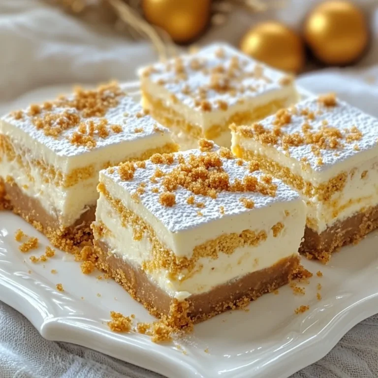 - 1 ½ cups graham cracker crumbs - 1/3 cup packed brown sugar - 1 teaspoon ground ginger - 1 teaspoon ground cinnamon - 1/4 teaspoon ground nutmeg - 1/2 cup unsalted butter, melted - 16 oz cream cheese, softened to room temperature - 1 cup granulated sugar - 2 large eggs, at room temperature - 1 teaspoon vanilla extract - 1/4 cup sour cream - 1/4 cup molasses - 1 tablespoon all-purpose flour - 1/2 teaspoon ground allspice These ingredients create a tasty blend. The graham cracker crumbs form the crust. Brown sugar adds sweetness and depth. The spices—ginger, cinnamon, nutmeg, and allspice—give that cozy holiday vibe. Cream cheese provides the creamy filling, while eggs help it set. Molasses adds a rich flavor that makes each bite delightful. - Alternative sweeteners: You can use maple syrup or coconut sugar instead of brown sugar. - Dairy-free options: Use vegan cream cheese and coconut yogurt to replace regular dairy. - Gluten-free substitutes: Swap graham crackers with gluten-free cookies or crushed nuts. These substitutions let everyone enjoy the bars. Adjusting these ingredients can make the recipe fit your needs. - Top brands for cream cheese: Look for Philadelphia or Kite Hill for vegan options. - Best graham cracker brands: Honey Maid and Schar offer great flavor and texture. Using quality brands makes a big difference. They ensure the best taste and texture in your bars. {{ingredient_image_2}} 1. First, preheat your oven to 350°F (175°C). This helps the bars bake evenly. 2. In a bowl, mix 1 ½ cups of graham cracker crumbs, 1/3 cup of brown sugar, 1 teaspoon of ground ginger, 1 teaspoon of ground cinnamon, and 1/4 teaspoon of nutmeg. 3. Pour in 1/2 cup of melted unsalted butter. Stir until it looks like wet sand. 4. Press this mixture evenly into the bottom of a greased 9x9-inch pan. This forms a solid crust. 5. Bake the crust for about 10 minutes. Let it cool slightly on a wire rack. 1. In a large bowl, beat 16 oz of softened cream cheese with 1 cup of granulated sugar. Mix until smooth and creamy. 2. Add 2 large eggs one at a time, mixing well after each. This ensures a rich texture. 3. Next, blend in 1 teaspoon of vanilla extract, 1/4 cup of sour cream, 1/4 cup of molasses, 1 tablespoon of flour, and 1/2 teaspoon of ground allspice. Mix until smooth. 1. Pour the cheesecake filling over the cooled crust. Spread it out evenly with a spatula. 2. Bake for 25-30 minutes. The edges should set while the center jiggles slightly. 3. Remove the bars from the oven and let them cool to room temperature. For the best taste, chill them in the fridge for at least 4 hours or overnight. 4. Once chilled, lift the bars using the parchment paper. Cut them into squares with a sharp knife. 5. Serve with powdered sugar or a drizzle of caramel for extra sweetness. Using room temperature ingredients is key. Cold cream cheese can cause lumps. Take the cream cheese and eggs out ahead of time. Let them sit for about 30 minutes. This simple step helps create a smooth batter. When mixing, beat the cream cheese and sugar well. Use medium speed on your mixer. Scrape the bowl often to avoid lumps. To avoid overbaking, watch the edges of your bars. They should be set, while the center has a slight jiggle. This means it's done! Place your pan on the middle rack in the oven. This helps with even baking and heat distribution. For garnishing, dust the bars with powdered sugar. Drizzle with caramel sauce for extra sweetness. Arrange the bars on a festive platter. You can also sprinkle crushed gingerbread cookies on top. This adds texture and looks great for holiday parties. Serve them chilled for the best taste! Pro Tips Chill Before Cutting: For clean and neat slices, make sure to chill the cheesecake bars for at least 4 hours or overnight before cutting. Use Room Temperature Ingredients: Ensure all your ingredients, especially cream cheese and eggs, are at room temperature for a smooth and creamy batter. Garnish Creatively: Consider adding festive touches like crushed gingerbread cookies or whipped cream to elevate the presentation and flavor. Monitor Baking Time: Keep an eye on the cheesecake while it bakes; the edges should be set but the center should still have a slight jiggle when you take it out. {{image_4}} You can change the flavors in gingerbread cheesecake bars for fun. For a twist, try pumpkin spice cheesecake bars. Just add pumpkin puree and pumpkin spice to the filling. This makes a creamy dessert that is perfect for fall. Another option is chocolate gingerbread cheesecake. Mix in melted chocolate or cocoa powder into the batter. This creates a rich and decadent treat that chocolate lovers will adore. If you need vegan options, you can make vegan gingerbread cheesecake bars. Use vegan cream cheese and replace eggs with flax eggs. This way, everyone can enjoy this sweet delight. For those on a low-carb diet, try keto-friendly options. Use almond flour in the crust and a sugar substitute in the filling. You will still enjoy all the great flavors without the carbs. Seasonal toppings can bring new life to your bars. Adding nuts or dried fruits like walnuts or cranberries can add a nice crunch and flavor boost. This can make your bars even more festive. You might also want to incorporate citrus flavors. A little lemon or orange zest can brighten the taste. This adds a fresh twist that pairs well with the warm spices in the bars. For best results, store your gingerbread cheesecake bars in the fridge. Place them in an airtight container. This keeps them fresh and tasty. You can also cover them tightly with plastic wrap. If you want to freeze them, cut the bars into squares first. Wrap each piece in plastic wrap and then in foil. This will help keep the flavor and texture. These bars last up to five days in the fridge. Place them in the coldest part of your fridge. If you freeze them, they can last up to three months. Look for signs of spoilage like a change in color or smell. If they seem dry or have an off odor, it’s best to toss them. To reheat, place the bars in a microwave-safe dish. Heat them for about 15 to 20 seconds. Keep an eye on them to avoid overheating. You can also warm them in the oven at 350°F for about 10 minutes. After thawing, serve the bars chilled or at room temperature. Dust them with powdered sugar or drizzle with caramel for a tasty treat. Yes, you can make gingerbread cheesecake bars ahead of time. They taste better after chilling. I suggest making them one day before serving. Just store them in the fridge. This will help the flavors blend nicely. To check if the bars are done, look at the edges. They should be set and firm. The center may jiggle a bit, but that is okay. It will firm up as it cools. Use a toothpick to check; it should come out clean when they are ready. You can use a different size pan, but the baking time may change. A larger pan will make the bars thinner and bake faster. A smaller pan will make them thicker and take longer to bake. Adjust the time based on the pan size. If you don't have molasses, you can use honey or maple syrup. Both will add sweetness and some flavor. You can also mix brown sugar with a bit of water for a quick substitute. Just keep in mind that the taste will change slightly. To boost the gingerbread flavor, add more ground ginger or cinnamon. You can also mix in some fresh ginger for a spicy kick. Pairing with warm spices like cloves or nutmeg can help too. A hint of vanilla also adds depth to the flavor. This blog post covered all you need to make delicious gingerbread cheesecake bars. We explored key ingredients, easy steps for baking, and tips for perfect texture and presentation. You found substitutions and variations for dietary needs too. Making these bars can be fun and rewarding. Don't hesitate to try different flavors or mix-ins. With the right approach, you will impress everyone with your treats. Happy baking!