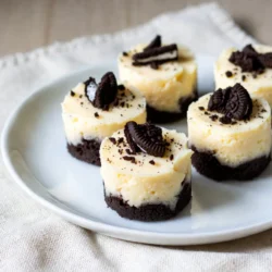 To make Mini Oreo Cheesecake Bites, gather these tasty ingredients: - Oreo cookies (approximately 15-20 cookies) - 2 tablespoons unsalted butter, melted - 8 oz cream cheese, softened to room temperature - 1/2 cup granulated sugar - 1 teaspoon vanilla extract - 1 cup heavy cream - 1/4 cup powdered sugar - Extra crushed Oreos for topping These ingredients work together to create a creamy and rich treat. You will love the combination of chocolate and cream cheese. The crushed Oreos give a nice texture, while the whipped cream adds lightness. Make sure your cream cheese is softened. This ensures it blends well. The butter is key for the crust. It helps bind the Oreo crumbs together. Using unsalted butter allows you to control the saltiness. Each layer adds to the overall flavor. If you want to customize, consider adding a pinch of salt to balance the sweetness. You can also play with the topping by using different crushed cookies. The choice is yours! Enjoy this simple yet fun recipe. {{ingredient_image_2}} 1. Preheat your oven to 350&deg;F (177&deg;C). 2. Get a mini muffin pan ready by lining each cup with cupcake liners. 3. Take about 15 Oreo cookies and crush them in a food processor until they are fine crumbs. 4. Place the crumbs in a bowl and pour in 2 tablespoons of melted butter. 5. Mix until it looks like wet sand. 6. Press 1 tablespoon of this mixture firmly into the bottom of each cupcake liner. 7. Bake the crust for 5 minutes, then let it cool completely. 1. In a large bowl, beat 8 oz of softened cream cheese with an electric mixer on medium speed for 2-3 minutes. 2. Slowly add in 1/2 cup of granulated sugar and 1 teaspoon of vanilla extract. Mix until it is fluffy. 3. In another bowl, whip 1 cup of heavy cream until it forms stiff peaks, which takes about 4-5 minutes. 4. Gradually add 1/4 cup of powdered sugar while whipping the cream. 5. Gently fold the whipped cream into the cream cheese mixture using a spatula. Be careful not to deflate the cream. 1. Spoon the cheesecake mixture into the cooled Oreo crusts. Fill each liner to the top. 2. Cover the muffin pan with plastic wrap and chill in the fridge for at least 2 hours. 3. Before you serve, sprinkle extra crushed Oreos on top for a nice touch. - Overmixing the cream: When you mix the whipped cream, stop as soon as you see stiff peaks. Overmixing can lead to a grainy texture. Always be gentle with your folding. - Not pressing the crust firmly: Press the Oreo crust tightly into the muffin pan. This step ensures a strong base, so your bites hold together when served. - Adding other flavor extracts: You can mix in different extracts like almond or coconut for a unique twist. Just use a small amount to avoid overpowering the Oreo flavor. - Mixing in chocolate chips: Fold in mini chocolate chips into the cheesecake filling for added texture and flavor. This will make each bite even more delightful. - Creative serving suggestions: Arrange the cheesecake bites on a bright platter. You can also use cupcake stands for a fun display. - Garnishing ideas: Top each bite with crushed Oreos for crunch. You could also add fresh mint leaves or drizzle with chocolate sauce for a fancy touch. Pro Tips Use Room Temperature Ingredients: Ensure your cream cheese is fully softened to room temperature for a smoother filling. This helps achieve a velvety texture in your cheesecake bites. Chill for Optimal Texture: Allow the cheesecake bites to chill for at least 2 hours. This step is crucial for the filling to set properly, resulting in a firmer and more enjoyable bite. Customize Your Toppings: Feel free to get creative with your toppings! Try using chocolate drizzle, whipped cream, or even fresh berries for a unique twist on these classic cheesecake bites. Make Ahead for Convenience: These cheesecake bites can be made a day in advance. Just keep them covered in the refrigerator, making them perfect for parties or gatherings! {{image_4}} You can easily change up the flavor of your Mini Oreo Cheesecake Bites. Here are two fun ideas: - Peanut butter Oreo cheesecake bites: Mix in 1/2 cup of creamy peanut butter with the cream cheese. It adds a rich and nutty flavor. This twist makes the bites even more indulgent. - Mint Oreo cheesecake bites: Use mint Oreo cookies instead of regular Oreos. Add 1/2 teaspoon of peppermint extract to the cream cheese mixture. This gives a refreshing taste that is perfect for mint lovers. These variations keep your treats exciting and fun. You can experiment with other flavors too. Just think about your favorite sweets! If you have special dietary needs, you can still enjoy these bites. Here are some great options: - Gluten-free version: Use gluten-free Oreo cookies in place of regular ones. This way, you can enjoy the same great taste without gluten. - Sugar-free alternatives: Look for sugar-free Oreo cookies and use a sugar substitute in the cream cheese mix. This makes the bites lighter but still sweet. These dietary variations help everyone enjoy a tasty treat. You can serve them at any gathering, and everyone will love them! To keep your Mini Oreo Cheesecake Bites fresh, follow these steps: - Refrigeration guidelines: Place the cheesecake bites in an airtight container. Store them in the fridge for up to 5 days. This helps maintain their creamy texture and flavor. - Freezing instructions: You can freeze these bites too. Wrap each one in plastic wrap, then place them in a freezer-safe container. They can last up to 2 months in the freezer. When ready, let them thaw in the fridge overnight. To ensure your cheesecake bites stay fresh, consider these tips: - Best practices for freshness: Store them in the fridge as soon as they set. Keep them covered to prevent drying out. If you freeze them, label the container with the date. - Signs of spoilage: Look for changes in color or texture. If they develop a sour smell or taste, it&rsquo;s best to discard them. Fresh cheesecake bites should be smooth and creamy, not grainy or dry. Making Mini Oreo Cheesecake Bites takes about 20 minutes to prepare. Then, you need to chill them for at least 2 hours. So, the total time is around 2 hours and 20 minutes. This includes the time it takes for the crust to cool and the cheesecake to set. Yes, you can make these cheesecake bites ahead of time! They store well in the fridge for up to 3 days. Just cover them tightly with plastic wrap. This makes them a great dessert for parties or gatherings. If you need a substitute for cream cheese, try using Greek yogurt. It gives a similar texture and tangy flavor. You can also use mascarpone cheese for a creamier bite. Silken tofu is another option that works well for a dairy-free version. In this blog post, we explored how to make delicious Mini Oreo Cheesecake Bites. We covered all the key ingredients, from Oreo cookies to heavy cream. You learned the steps to create the crust and filling, along with tips to avoid common mistakes. We also shared variations and storage tips for longer freshness. These bites are easy to make and perfect for any occasion. Enjoy being creative with flavors and toppings, and don&rsquo;t forget to share your delicious results!