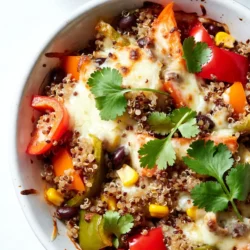 To make a tasty stuffed bell pepper casserole, gather these main ingredients: - 4 large bell peppers, diced (mix colors for fun) - 1 cup quinoa, rinsed - 2 cups low-sodium vegetable broth - 1 can (15 oz) black beans, rinsed and drained - 1 cup corn (fresh, frozen, or canned) - 1 cup diced tomatoes (canned or fresh) - 1 tablespoon chili powder - 1 teaspoon ground cumin - 1/2 teaspoon smoked paprika - Salt and black pepper to taste - 1 1/2 cups shredded cheese (sharp cheddar or Monterey Jack) - Fresh cilantro or parsley, chopped (optional for garnish) You can switch things up with these optional ingredients: - Swap quinoa for brown rice or couscous. - Add chopped onions or garlic for extra flavor. - Toss in some diced zucchini or mushrooms for more veggies. - Use different cheese types like mozzarella or pepper jack for variety. This dish packs a punch with nutrients. Each serving offers: - Protein: From black beans and quinoa - Fiber: From beans, corn, and peppers - Vitamins: Rich in vitamin C and antioxidants from bell peppers and tomatoes - Healthy fats: Can add avocado or nuts as toppings This casserole is a wholesome family meal. You can feel great about serving it! {{ingredient_image_2}} First, preheat your oven to 375&deg;F (190&deg;C). This helps the casserole bake evenly. Next, rinse one cup of quinoa in cold water. Place it in a medium pot with two cups of low-sodium vegetable broth. Heat over medium and bring to a boil. Lower the heat and cover. Let it simmer for about 15 minutes. When the liquid is gone, fluff the quinoa with a fork. Now, take four large bell peppers. You can use any colors you like. Dice them into small pieces. In a big bowl, mix the diced peppers, cooked quinoa, one can of black beans, one cup of corn, and one cup of diced tomatoes. Add one tablespoon of chili powder, one teaspoon of ground cumin, and half a teaspoon of smoked paprika. Don&rsquo;t forget to season it with salt and pepper to taste. Stir until all the ingredients are well mixed. Grab a greased 9x13 inch casserole dish. Transfer the colorful mixture into the dish. Spread it out evenly, so it cooks well. Sprinkle one cup of shredded cheese on top. This will give a nice cheesy layer when baked. Cover the dish tightly with aluminum foil. Bake it in the preheated oven for 25 minutes. After 25 minutes, carefully remove the foil. This step lets the cheese brown a bit. Add the remaining half cup of cheese on top. Bake uncovered for another 10-15 minutes. Your casserole is done when the cheese is melted, bubbly, and golden in spots. Once baked, remove the casserole from the oven. Let it cool for about 5-10 minutes. This cooling time helps it set up nicely. For a fresh look, sprinkle chopped cilantro or parsley on top. You can serve it straight from the dish for a family-style meal. For added creaminess, consider a dollop of sour cream or slices of avocado on the side. Enjoy your tasty stuffed bell pepper casserole! To make perfect quinoa, start with rinsing it well. Rinsing removes the bitter coating called saponin. Use a ratio of 1 cup quinoa to 2 cups vegetable broth. This gives a soft, fluffy texture. Bring the broth to a boil, then lower the heat. Cover it and let it simmer for about 15 minutes. After all the liquid is soaked up, fluff it with a fork. This will keep the grains separate and light. Cheese can change the flavor of your casserole. Sharp cheddar gives a strong taste. Monterey Jack has a milder, creamy flavor. Try mozzarella for a stringy, gooey melt. For a fun twist, use pepper jack for a spicy kick. You can even mix different cheeses for depth. Just remember to use about 1 &frac12; cups total for the best results! To get the best bake, first preheat your oven to 375&deg;F (190&deg;C). Use a greased 9x13 inch dish to help with clean-up. Cover the dish with foil for the first 25 minutes. This keeps moisture in, making the dish tender. After removing the foil, add more cheese for a golden, bubbly top. Bake it uncovered for another 10 to 15 minutes. Let it cool for a few minutes before serving. This helps the flavors blend nicely. Pro Tips Choose Colorful Peppers: Using a mix of bell pepper colors not only enhances the visual appeal of your dish but also provides a range of flavors and nutrients. Perfectly Cooked Quinoa: Ensure that the quinoa is rinsed thoroughly before cooking to remove its natural coating, saponin, which can make it taste bitter. Layering Cheese: For a beautifully melted and bubbly cheese topping, add half the cheese before baking and the other half during the last 10-15 minutes of cooking. Rest Before Serving: Allowing the casserole to rest for a few minutes after baking helps it set up nicely, making it easier to serve and enhancing the flavors. {{image_4}} You can easily make this dish vegetarian or vegan. Use vegetable broth and skip the cheese for a vegan meal. You can substitute the cheese with vegan cheese options made from nuts or soy. This keeps the dish creamy and flavorful without any animal products. Add more veggies like zucchini or mushrooms for extra texture. This casserole is naturally gluten-free. Quinoa is a great base that offers a nice texture. Be sure to check that your vegetable broth is gluten-free. You can also use rice if you prefer. It cooks well and matches the flavors of the dish. You can add different proteins to this casserole to suit your taste. Ground turkey works well and keeps it light. If you want more flavor, consider adding sausage. Cook it first and mix it in with the other ingredients. You can even try shredded chicken or beef if you like. Each protein adds its own unique taste to the dish, making it even more satisfying. After enjoying your stuffed bell pepper casserole, store any leftovers properly. Let the casserole cool for about 10 minutes. Then, cover it tightly with plastic wrap or aluminum foil. You can also transfer it to an airtight container. This keeps the flavors fresh and prevents drying out. To reheat your leftover casserole, preheat your oven to 350&deg;F (175&deg;C). Place the casserole in an oven-safe dish. Cover it with foil to retain moisture. Heat for about 20-25 minutes or until it is warm throughout. You can also use the microwave. Place a serving in a microwave-safe bowl, cover it, and heat for 1-2 minutes. Stir and heat again if needed. If you want to freeze your casserole, let it cool completely first. Then, cut it into individual portions. Wrap each portion in plastic wrap, then place them in a freezer-safe bag. Label the bag with the date. The casserole can last up to 3 months in the freezer. When ready to enjoy, thaw it in the fridge overnight before reheating. Yes, you can swap ingredients easily. If you dislike quinoa, use rice instead. You can also choose different beans, like kidney or pinto. For a spicy kick, add jalape&ntilde;os. You can change the bell peppers too. Use only one color or mix them up for fun. If you want a meatier dish, ground turkey or beef works well. Just keep the flavors in mind when you make changes. This casserole lasts about three to five days in the fridge. Store it in an airtight container to keep it fresh. If you notice any changes in smell or color, throw it away. Always check before you eat leftovers. To enjoy it longer, consider freezing some portions. Absolutely! You can prepare the casserole a day or two in advance. Just follow the steps up to the baking part. Cover it tightly and place it in the fridge. When you're ready to eat, bake it straight from the fridge. You may need to add a few extra minutes to the cooking time. This makes meal prep so much easier! In this blog post, we explored how to make a delicious Stuffed Bell Pepper Casserole. We covered the main and optional ingredients, along with the nutrition facts. The step-by-step instructions guide you through preparation, baking, and serving suggestions. I shared tips for cooking quinoa, cheese options, and baking techniques. We also detailed variations for different diets and storage tips for your leftovers. Overall, this dish is versatile and easy, making it perfect for any meal. Enjoy your kitchen adventure with this hearty casserole!