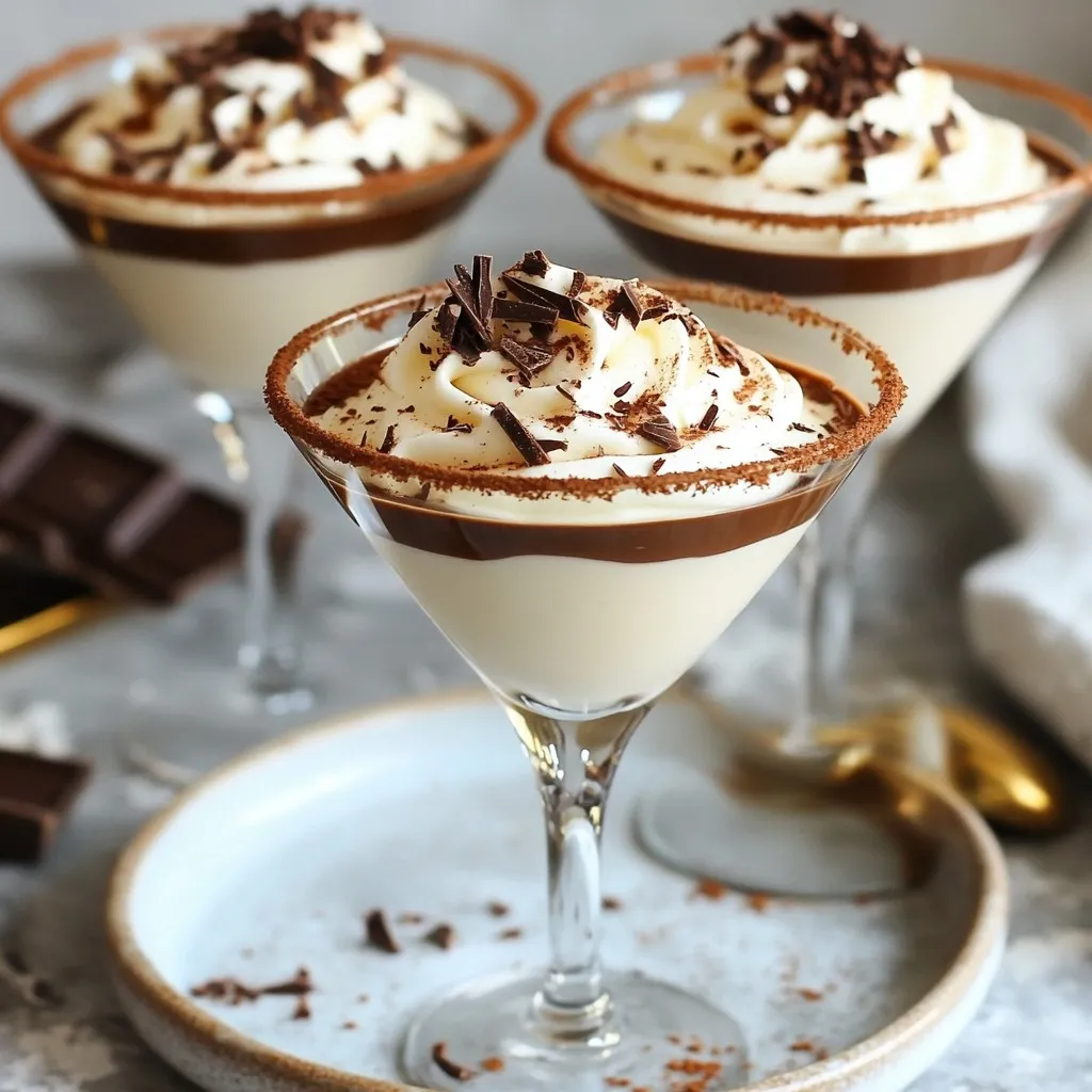 To make a tasty Chocolate Eggnog Martini, gather these key ingredients: - 1 cup non-alcoholic eggnog - 1/4 cup rich chocolate syrup - 1 tablespoon pure vanilla extract - 1/2 teaspoon freshly grated ground nutmeg - Ice cubes These items create the base of your drink. The eggnog gives creaminess, while the chocolate syrup adds a sweet, rich flavor. Vanilla extract brings warmth, and nutmeg adds a hint of spice. To make your martini extra special, consider these garnishes: - Whipped cream (for a fluffy topping) - Dark chocolate shavings (for a luxurious garnish) - Cocoa powder (for rimming the glasses) Whipped cream makes the drink look festive. Dark chocolate shavings add elegance and taste. Rimming your glasses with cocoa powder gives a fun touch and enhances the flavor. If you want a non-alcoholic drink, you have options: - Use regular eggnog instead of non-alcoholic. - Skip the syrup for a lighter drink. These swaps keep your martini tasty while offering a lighter option. You can still enjoy the creamy, chocolate goodness without the added alcohol. {{ingredient_image_2}} Start by rimming your martini glasses. This step adds a fun touch. Grab a shallow plate and pour in some cocoa powder. Moisten the rims of your glasses with a bit of eggnog. Next, dip each rim into the cocoa powder. Make sure they are well coated. Set the glasses aside to dry. Now, let’s mix the cocktail. Take a cocktail shaker and pour in 1 cup of non-alcoholic eggnog. Add 1/4 cup of rich chocolate syrup for sweetness. Then, include 1 tablespoon of pure vanilla extract for flavor. Don’t forget 1/2 teaspoon of freshly grated nutmeg for that holiday spice. Fill the shaker halfway with ice cubes. This helps chill the drink nicely. Secure the lid on the shaker tightly. Shake it vigorously for about 15-20 seconds. This action blends the ingredients and chills them well. Now, carefully strain the mixture into your rimmed martini glasses. Pour slowly to avoid disturbing the cocoa on the rims. Finally, add a dollop of whipped cream on top of each drink. For a beautiful finish, sprinkle dark chocolate shavings over the whipped cream. Enjoy your festive treat! Finding the right mix of chocolate and eggnog is key. I recommend starting with 1/4 cup of chocolate syrup. This gives a rich taste without overpowering the eggnog. If you want more chocolate, add a bit more syrup. Just remember to keep the eggnog flavor strong too. Balance is vital for a delightful drink. When shaking, use a cocktail shaker. Fill it halfway with ice cubes. This keeps your drink cool. After adding the eggnog and chocolate, seal it tight. Shake it hard for 15-20 seconds. This mixes the flavors and chills the drink well. A good shake makes a smooth and creamy texture. For a fun touch, rim your glasses with cocoa powder. This adds a nice look and flavor. Pour the drink gently to keep the cocoa on the rim. Top with whipped cream for a fluffy finish. Dark chocolate shavings make it fancy. Serve right away for the best taste. Enjoy this festive treat with friends! Pro Tips Chill Your Ingredients: For an extra refreshing drink, chill your eggnog and glassware in advance. This helps maintain the drink's cool temperature longer. Experiment with Flavors: Feel free to play with different flavored syrups or extracts, such as peppermint or hazelnut, to create your unique version of this delightful treat. Make It a Mocktail: If you want a non-alcoholic option, this recipe is perfect as is! You can also add soda water for a fizzy twist. Presentation Matters: Consider using a chocolate drizzle inside the glasses for an eye-catching presentation that enhances the overall experience. {{image_4}} You can add a splash of spirits to your Chocolate Eggnog Martini for a kick. Try bourbon or rum for warmth. Just add 1 to 2 ounces to your shaker. This twist makes the drink bold and festive. Remember, always taste before serving to ensure balance. If you want a dairy-free drink, use almond or oat milk instead of eggnog. These milks give a nice creamy texture. You can also find non-dairy eggnog at stores. This way, you can enjoy the flavor without dairy. Make sure to check labels for added sugars. For a spiced twist, add cinnamon or allspice to the mix. Just a pinch can warm up the drink. If you love mint, use peppermint extract or mint chocolate syrup. Both variations make your cocktail special. Get creative and find what you enjoy most! If you have leftover chocolate eggnog mixture, store it in the fridge. Use an airtight container to keep it fresh. It will last for up to three days. Before serving, give it a good shake to remix. This will help restore its creamy texture. You can prepare the chocolate eggnog mixture ahead of time. Mix the eggnog, chocolate syrup, vanilla, and nutmeg. Store it in the fridge for up to 24 hours before serving. Just remember to add ice when you are ready to shake. This keeps the drink cold and frothy. Freezing is a great option if you want to save some for later. You can freeze the chocolate syrup and eggnog mixture in ice cube trays. Once frozen, place the cubes in a bag. This way, you can use them later in smoothies or other drinks. Just thaw the cubes in the fridge before use. Yes, you can prepare the mix ahead of time. Just combine the non-alcoholic eggnog, chocolate syrup, vanilla extract, and nutmeg in a pitcher. Store it in the fridge for up to two days. When ready to serve, shake it with ice to chill. Rim your glasses with cocoa powder right before pouring for a fresh look. This drink shines at holiday parties! Serve it in chilled martini glasses. Garnish with whipped cream on top. Sprinkle dark chocolate shavings for a gourmet touch. Pair it with festive snacks like gingerbread cookies or chocolate truffles. You can also offer a side of chocolate sauce for dipping! Yes, you can make a lighter version! Use low-calorie eggnog and a sugar-free chocolate syrup. You can also skip the whipped cream or use a light whipped topping. This way, you still enjoy the flavors without too many calories. Adjust the cocoa powder on the rim for a healthier twist. In this post, we explored how to make a Chocolate Eggnog Martini. We covered the key ingredients, steps to prepare, and helpful tips for a perfect drink. Remember, you can customize with different flavors or alcohol types. Storing tips ensure you can enjoy your creation later. Experiment with recipes to find your favorite version. Enjoy your Chocolate Eggnog Martini, and make it your own!
