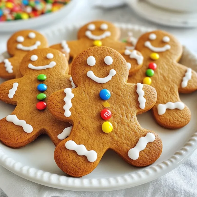 - 3 cups all-purpose flour - 1 teaspoon baking soda - 1 tablespoon ground ginger - 1 tablespoon ground cinnamon - 1/2 teaspoon ground nutmeg - 1/2 teaspoon salt - 1/2 cup unsalted butter, softened - 1/2 cup brown sugar - 1/2 cup molasses - 1 large egg - 1 teaspoon vanilla extract - Royal icing for decoration - Assorted candies for decoration Making classic gingerbread men starts with gathering the right ingredients. Each one plays a key role in creating that warm, spicy flavor we love. The flour forms the base of the cookies, giving them structure. Baking soda helps the cookies rise, making them soft yet firm. Ground ginger, cinnamon, and nutmeg add the essential holiday spices. These spices create that signature gingerbread taste, warming our hearts with every bite. Salt does not just add flavor; it balances the sweetness. The butter and brown sugar bring richness and moisture. Molasses gives the cookies their deep color and unique flavor. An egg binds the dough, while vanilla adds a comforting aroma. For decoration, royal icing is perfect for that shiny finish. You can use assorted candies to bring your gingerbread men to life. Think mini M&Ms, gumdrops, or sprinkles! Gather these ingredients, and you will be ready to bake some delicious gingerbread men. {{ingredient_image_2}} - Whisk together the flour, baking soda, ginger, cinnamon, nutmeg, and salt. - Set this dry mix aside for later use. - In a large bowl, use a stand mixer or hand mixer. - Mix the softened butter and brown sugar for 3-5 minutes until fluffy. - Add the molasses, egg, and vanilla extract into the mixture. - Mix until everything is smooth and well combined. - Slowly add the dry ingredients into the wet mixture. - Mix until a cohesive dough forms. - Chill the dough by dividing it into two discs and wrap in plastic. - Roll out the chilled dough to about 1/4 inch thick. - Cut out shapes with cookie cutters, placing them on prepared sheets. - Bake in a preheated oven at 350°F (175°C) for 8-10 minutes. - Allow cookies to cool before decorating. - Use royal icing and assorted candies to create fun designs. To make great gingerbread men, you need the right dough. If your dough feels sticky, add more flour. Start with a tablespoon and mix it in. Repeat until the dough becomes easy to handle. Chilling the dough is very important. Wrap it in plastic and put it in the fridge for at least one hour. This helps the dough firm up and makes rolling easier. Make sure your oven is at the right temperature. Preheat it to 350°F (175°C) before baking. Use an oven thermometer to check if it's accurate. Keep an eye on your cookies as they bake. They should bake for about 8 to 10 minutes. The edges will firm up, while the centers stay soft. This helps them stay chewy. Time to get creative! Use royal icing to add fun designs on your cookies. You can create faces, outfits, or patterns. Let your imagination run wild! For decoration, use assorted candies like mini M&Ms, gumdrops, or sprinkles. These candies add color and fun to each gingerbread man. Pro Tips Chill the Dough: Refrigerating the dough not only makes it easier to roll out but also helps the cookies maintain their shape while baking. Check for Doneness: To avoid overbaking, keep an eye on the cookies; they should be firm around the edges but still soft in the center when you take them out. Decorate with Care: Use a piping bag for precise icing application. This will help you create detailed designs and make your gingerbread men look festive! Storage Tips: Store the cookies in an airtight container at room temperature to keep them fresh for up to a week. You can also freeze them for longer storage. {{image_4}} You can easily change the flavor of your gingerbread men. One simple way is to add orange zest to the dough. The orange adds a fresh and bright taste. This twist makes your cookies stand out. You can also use honey instead of molasses. Honey gives a lighter, sweeter flavor. It makes the cookies a bit softer, too. If you need a gluten-free version, it's easy to switch up the flour. Use a good gluten-free flour blend. Many brands work well in cookie recipes. Just make sure it’s a blend that includes xanthan gum. This helps keep the cookies together. Your gingerbread men will still taste great and be fun to eat. You can make these gingerbread men vegan with a few swaps. Replace the butter with plant-based butter. This keeps the dough rich and smooth. For the egg, use a flax egg instead. To make a flax egg, mix one tablespoon of ground flaxseed with three tablespoons of water. Let it sit for a few minutes until it thickens. This mix works as a binding agent in the dough, so your cookies hold their shape. Enjoy these tasty treats while keeping to a vegan diet! To keep your gingerbread men fresh, use airtight containers. Glass or plastic containers work great. Line them with parchment paper to prevent sticking. Store the cookies at room temperature. They stay fresh for about one week. You can also refrigerate them if you want them to last longer. In the fridge, they can last up to two weeks. You can freeze gingerbread men before or after baking. To freeze before baking, wrap the dough in plastic wrap. Place it in a freezer bag, and it can last for up to three months. When you are ready to bake, thaw the dough in the fridge overnight. If you freeze baked cookies, let them cool completely first. Then, place them in a single layer in an airtight container. You can freeze them for up to three months. For thawing, simply leave them at room temperature for a few hours. Enjoy your delicious treats whenever you want! Yes, store-bought royal icing works well. It saves time and still tastes great. You can find it at most grocery stores. Just grab a tube or a container. It makes decorating a breeze! Refrigeration and proper dough thickness help. Chilling the dough firms it up, which keeps the cookies from spreading too much. Aim for about 1/4 inch thick when rolling out. This thickness gives the cookies a nice shape. Yes, they can be made and stored several days in advance. Bake the cookies and let them cool completely. Store them in an airtight container. They stay fresh and tasty for up to a week. Alternatives include melted chocolate or glaze. Melted chocolate works well for a sweet touch. A simple glaze of powdered sugar and water is also a good option. Get creative with whatever you have on hand! This post covered making delightful gingerbread men from scratch. You learned about the key ingredients, easy steps, and expert tips. Crafting your dough and decorating with icing can be fun. Remember to chill your dough for the best results. Add your special twist with flavors or decorations. Storing and freezing techniques help keep them fresh. Enjoy baking and sharing these treats with loved ones. Now, it's your time to create delicious memories with gingerbread men!